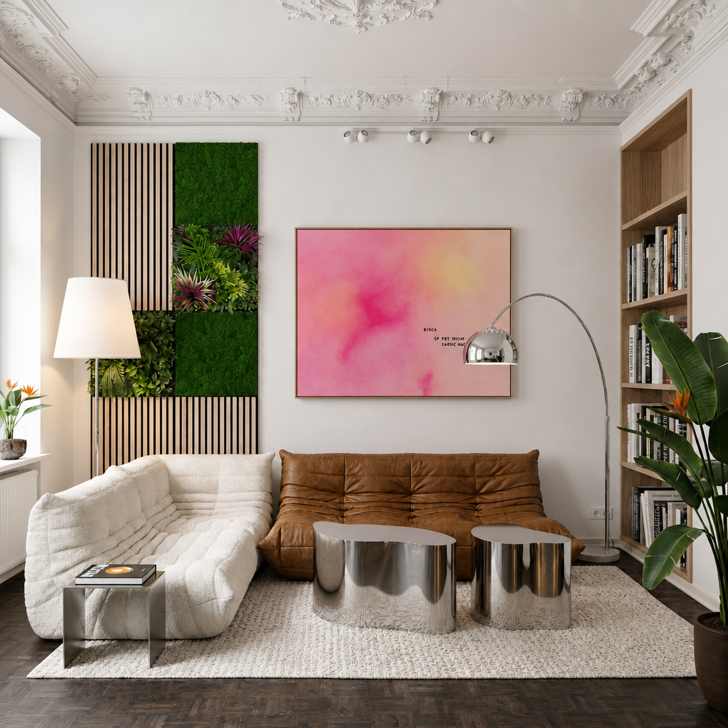 Wohnzimmer, Sofa, Kunstbild, Metall-Tisch, Bücherregal, Sofa, Wohnzimmer, Kunstdruck, Kaffeetische, Bücherregal