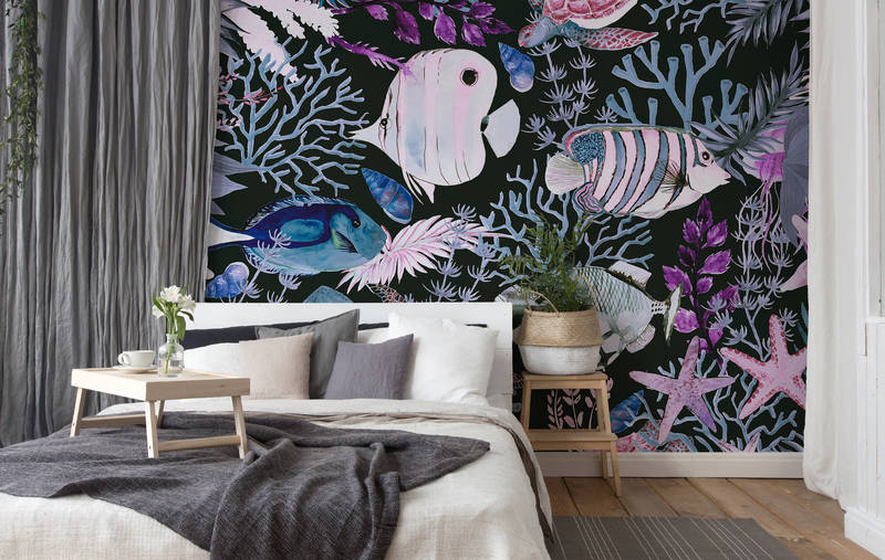 Tapetenwand, Unterwassermotiv, Meeresbewohner, Fischmuster, Wanddekoration