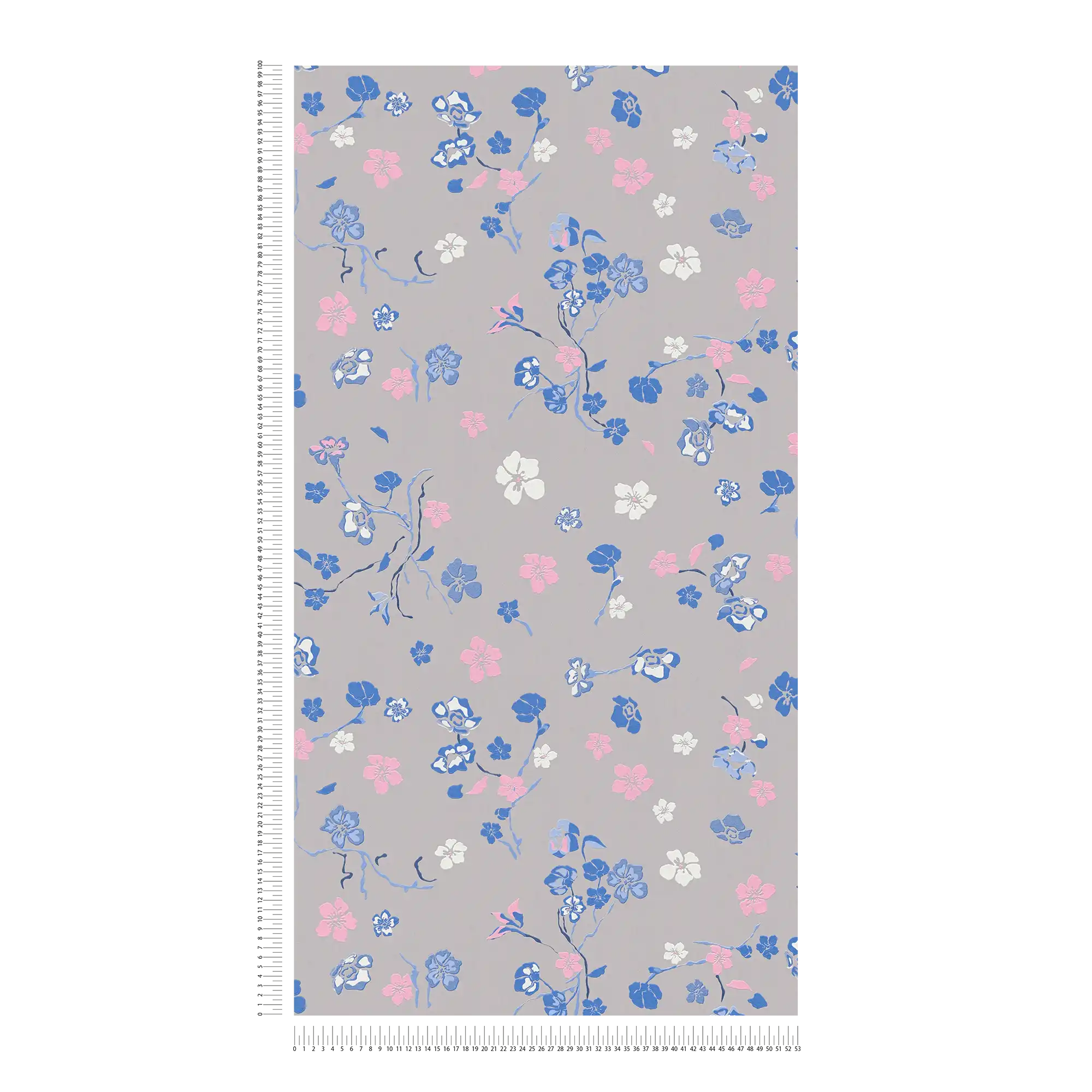             Blumenmuster Tapete mit Glanzeffekt – Grau, Blau, Rosa
        