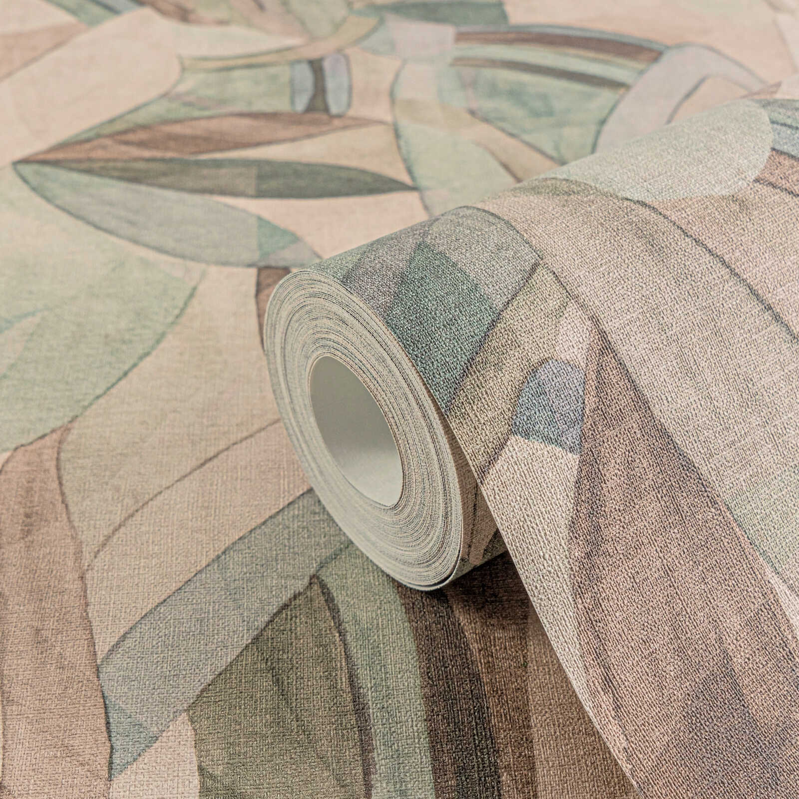             Moderne Vliestapete mit abstraktem Blättermuster, leichte Struktur – Bunt
        