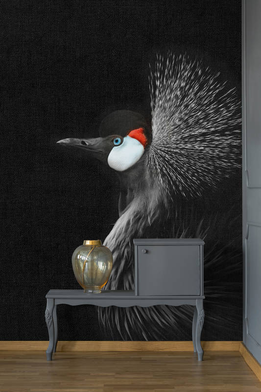 Wandmalerei, Vogelporträt, Kronenkranich, schwarzer Hintergrund, Dekorative Vase