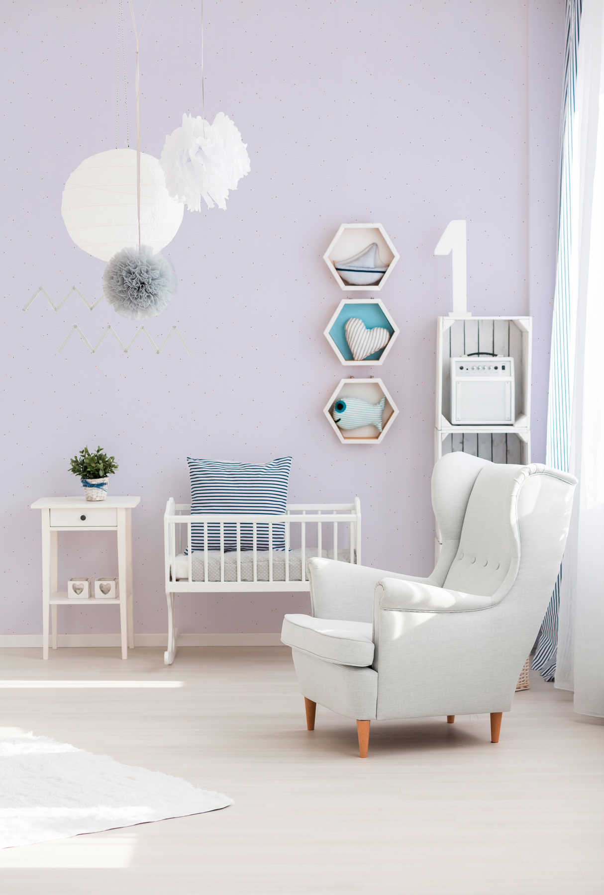 Fliederfarbene Kindertapete mit metallic Punkten – Blau