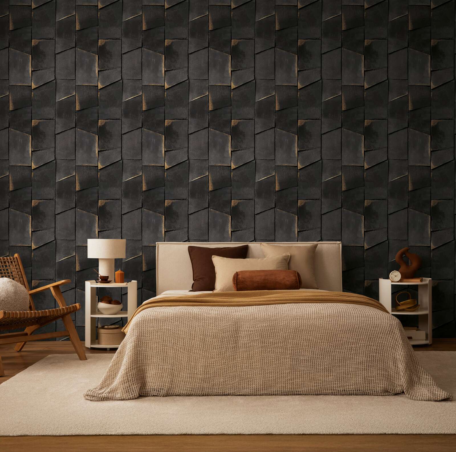 Bett, Schlafzimmer, Tapete, Paneelteile, neutrale Farben