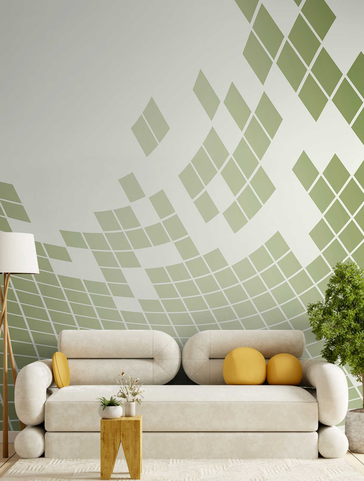 sofa, wohnzimmer, wanddesign, grüne wand, pflanze