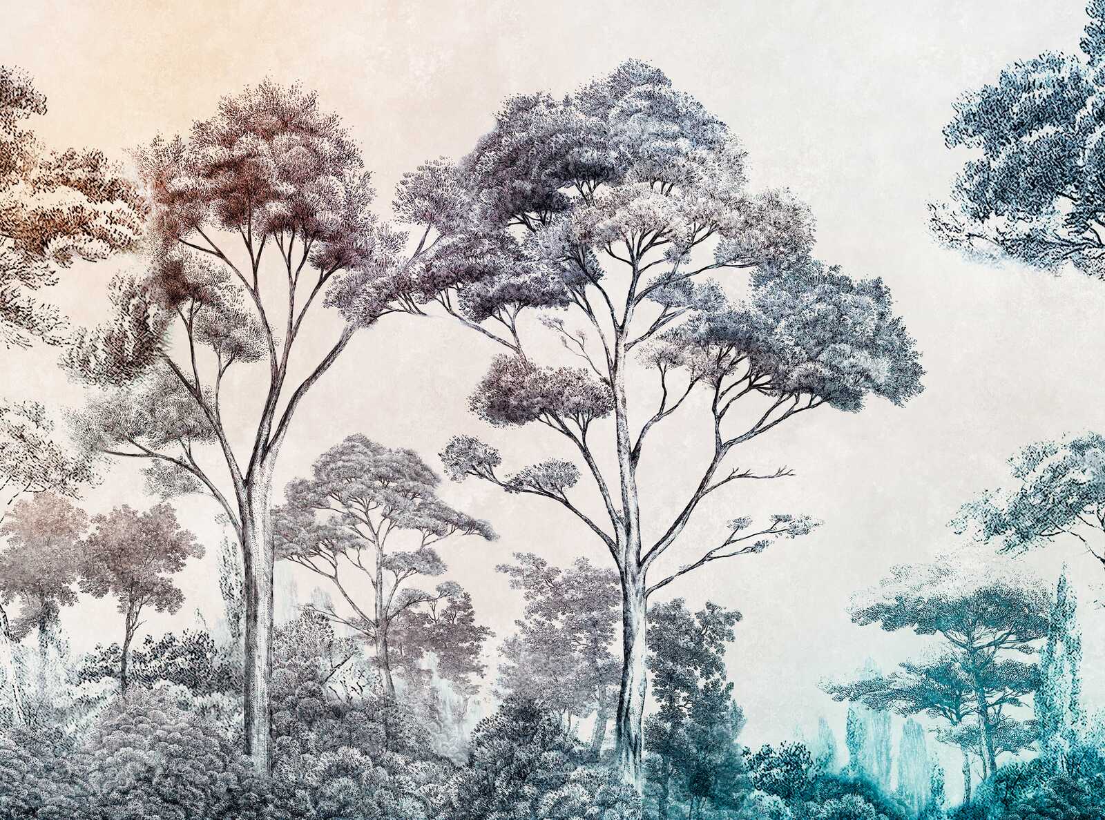 Elegante Waldmotiv Fototapete mit Farbverlauf als Vliestapete – Bunt, Creme, Blau