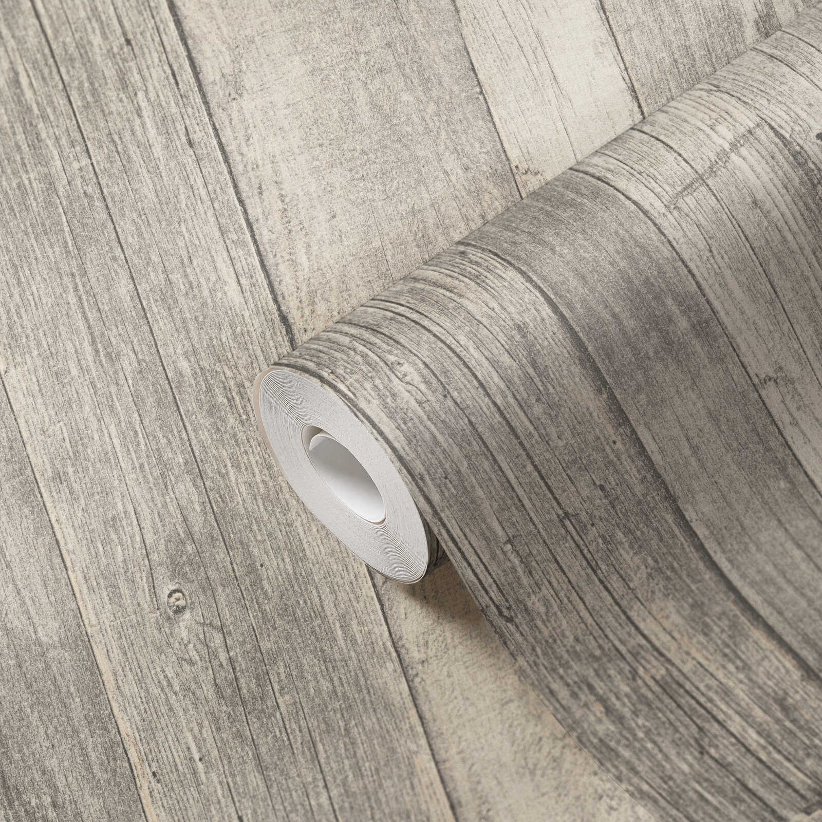             Holz-Tapete mit Brettern & Maserung im Vintage Design – Grau, Beige, Creme
        