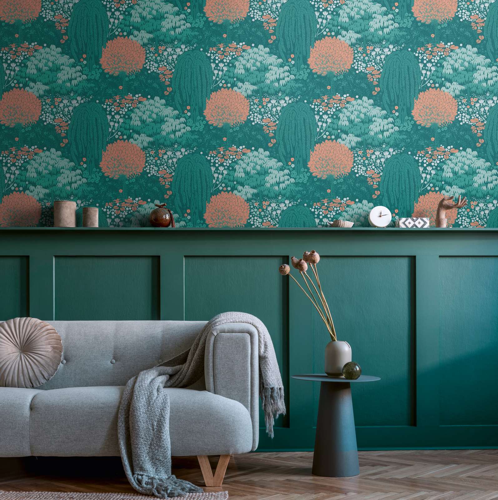             Florale Tapete mit Blättern leicht strukturiert, matt – Petrol, Orange, Grün
        