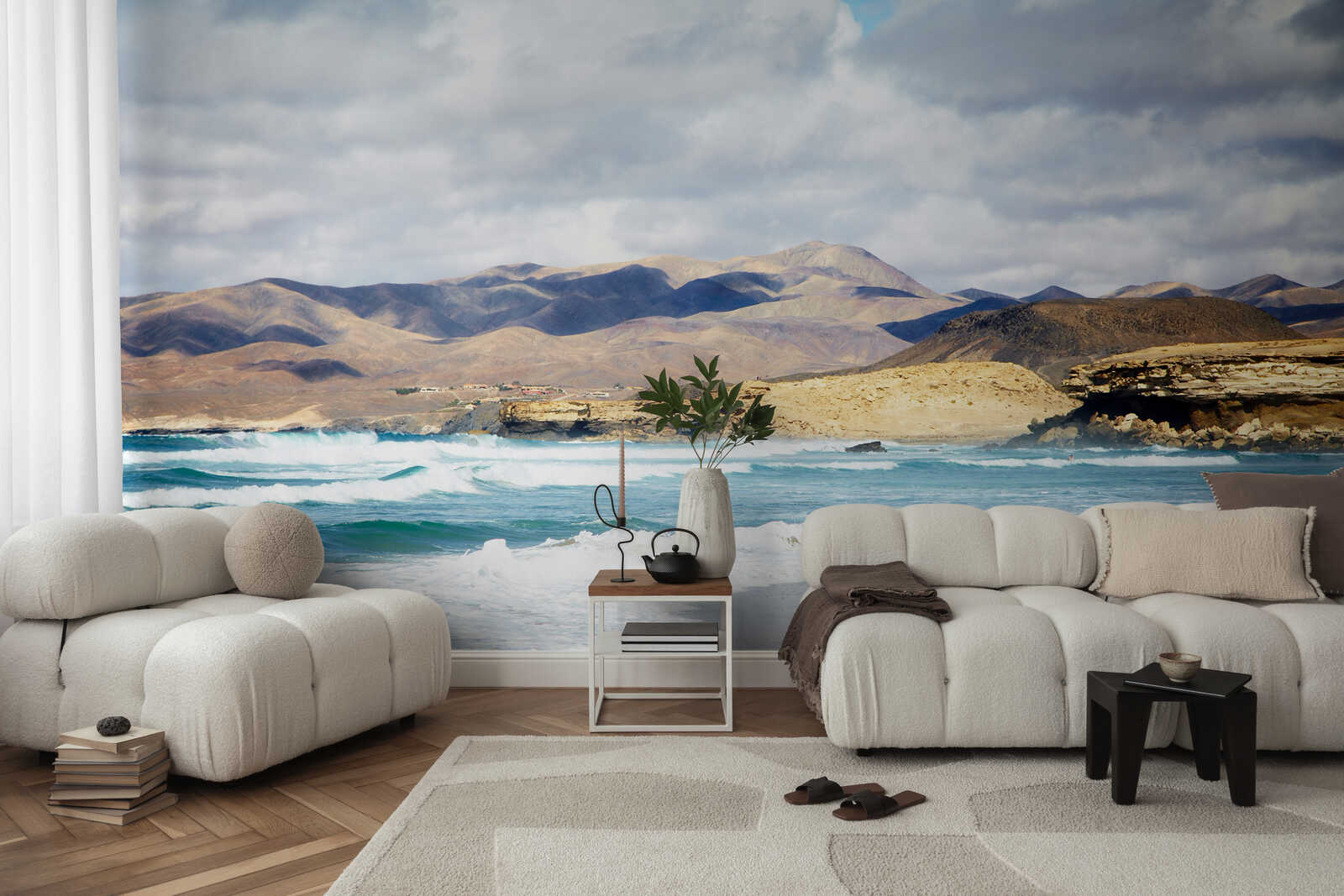wohnzimmer, wandtapete, meerlandschaft, vase, sofa