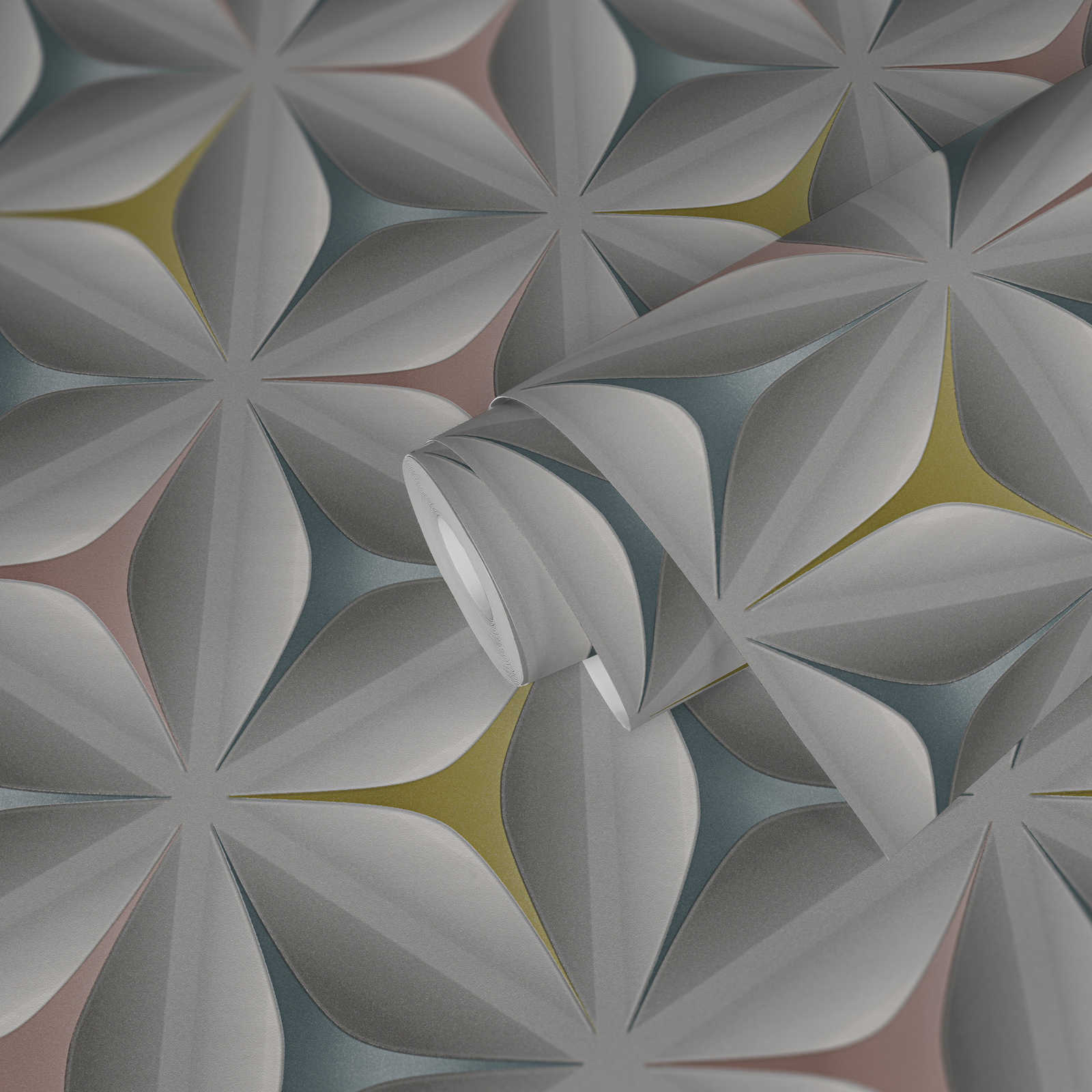             Vintage Tapete Skandinavien Muster – Blau, Grau, Rosa
        