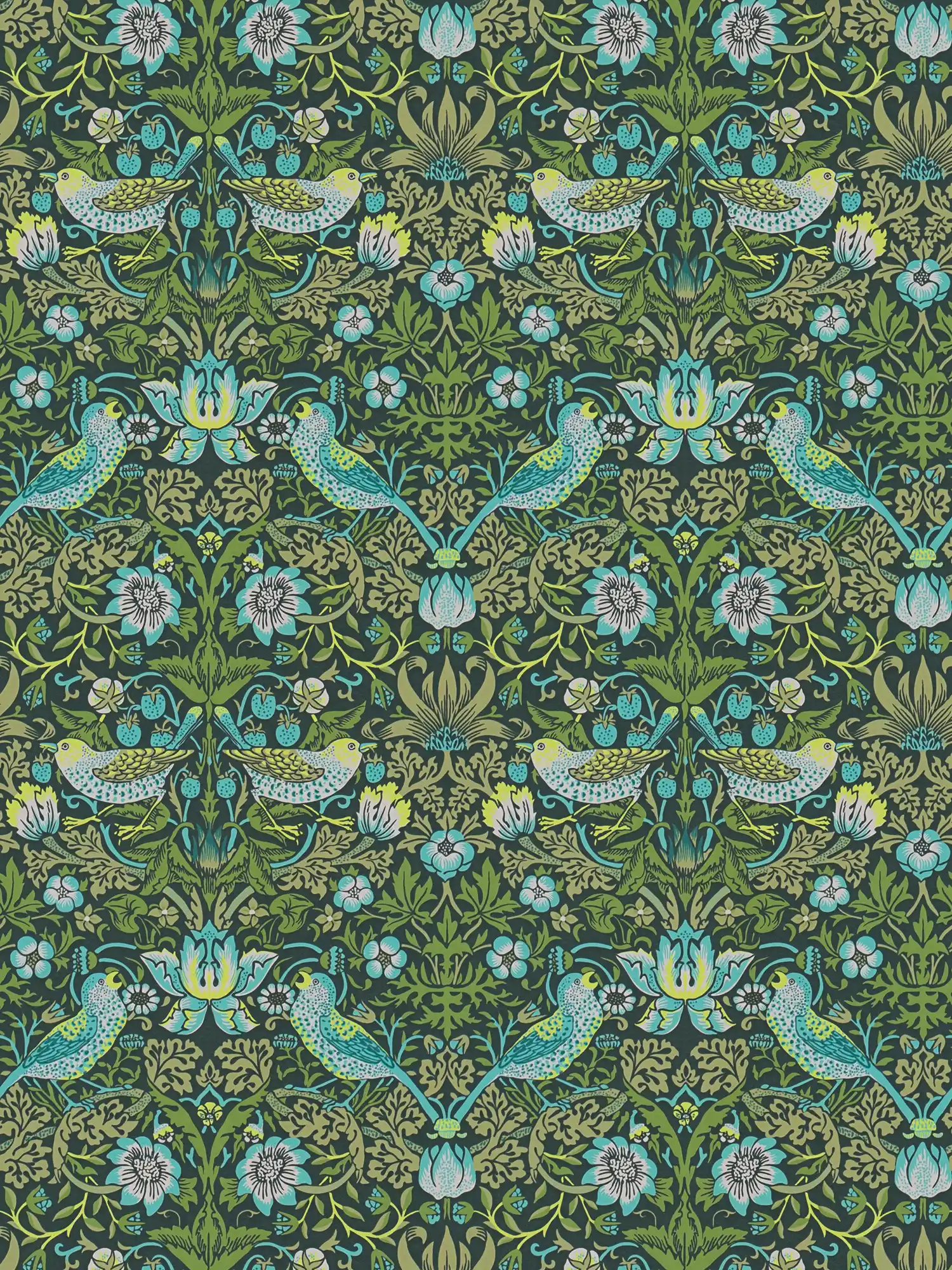         Vliestapete Blumenmuster mit Vögel – Grün, Blau, Schwarz
    