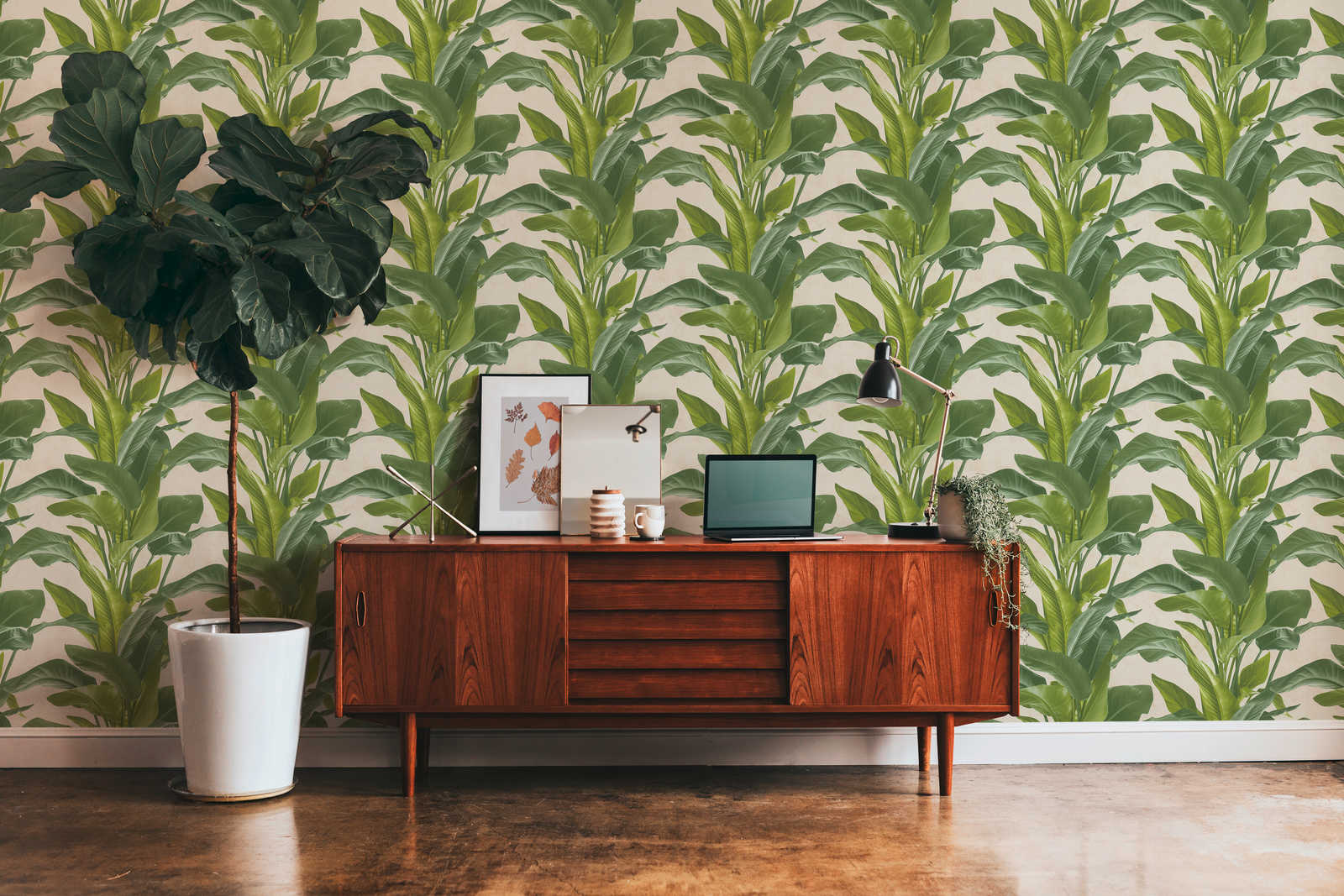             Vliestapete mit modernem Blätter-Design – Creme, Grün
        