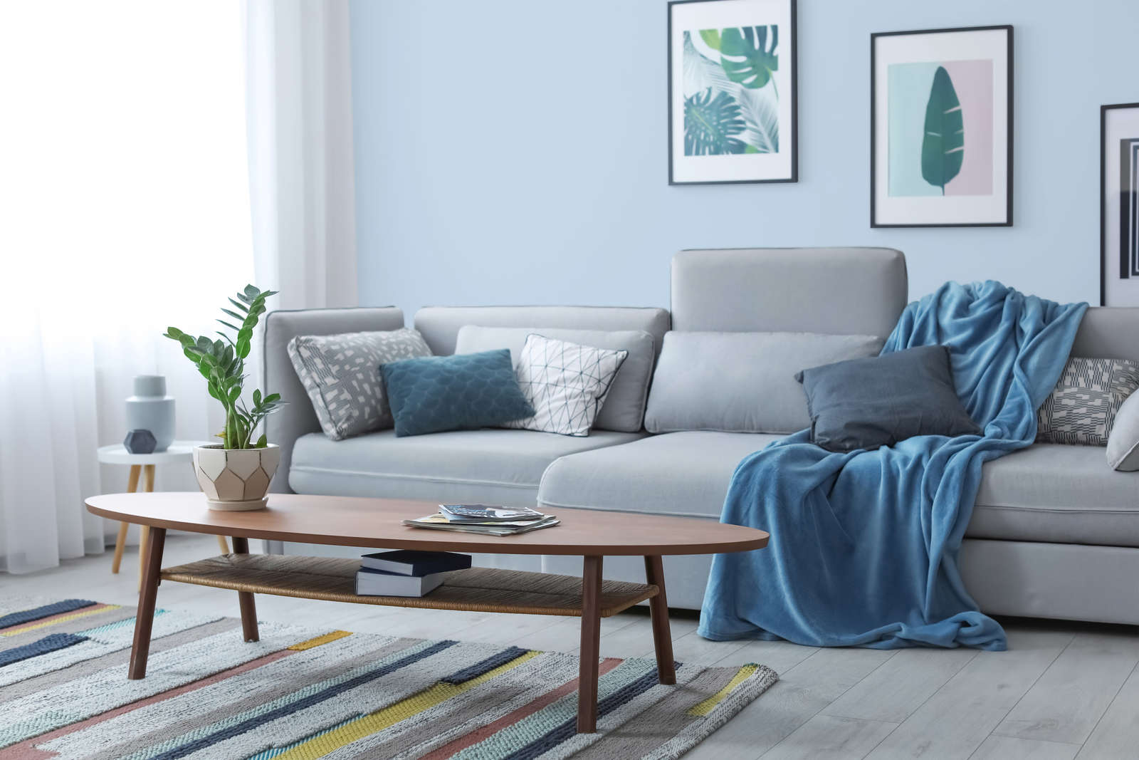 sofa, wohnzimmer, couchtisch, pflanze, deko