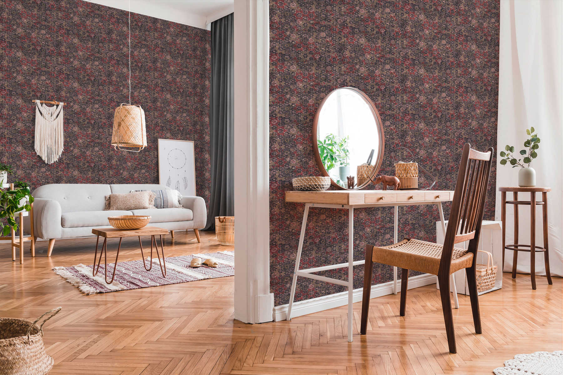             Papier peint intissé aspect carrelage avec reflets dorés - marron, rouge
        