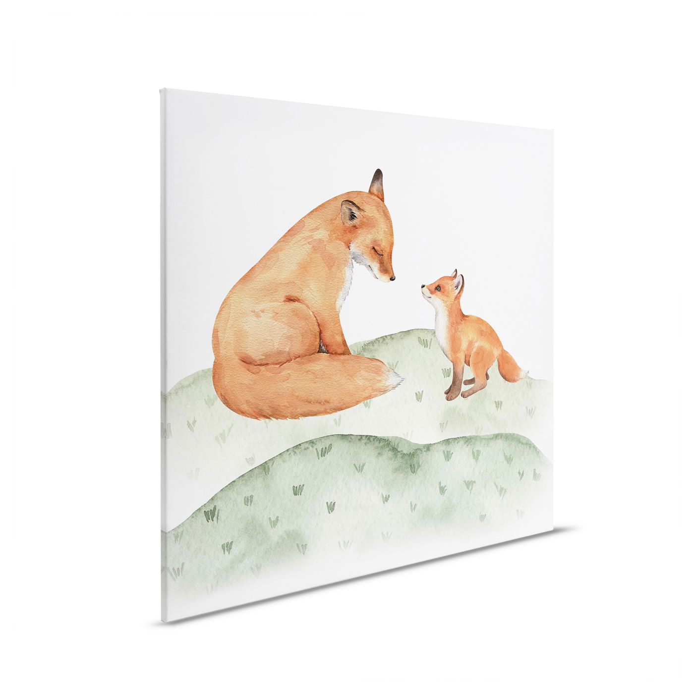             Leinwandbild Fuchs und Jungtier - Liebevolles Naturmotiv für Kinderzimmerdekoration – 30 x 30 cm - Braun, Grün
        
