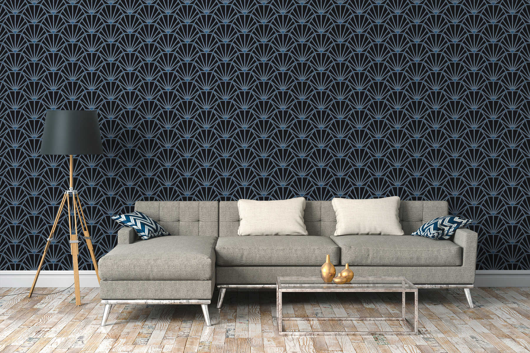             Art Déco Tapete gemustert im Retro Look – Schwarz, Blau, Weiß
        