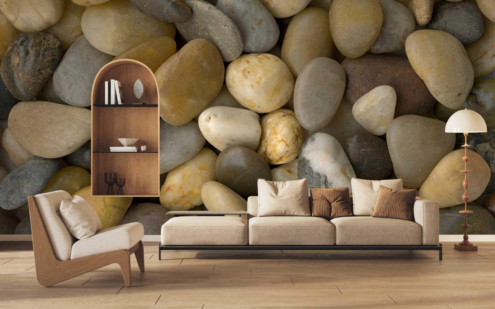 sofa, wohnzimmer, felsenwand, holzregal,  stehlampe