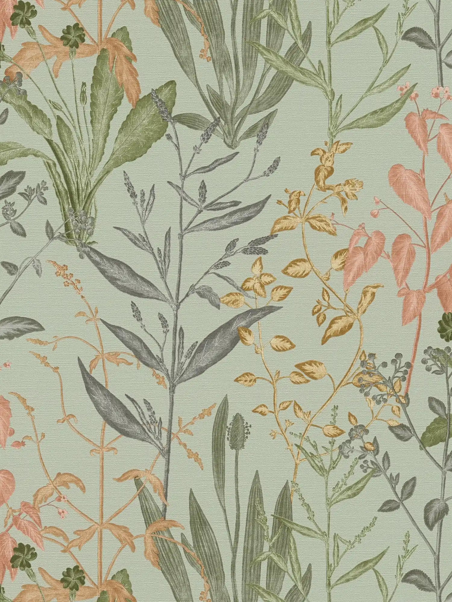         Vliestapete mit botanischem Pflanzen- und Blättermotiv leicht strukturiert – Grün, Beige, Grau
    