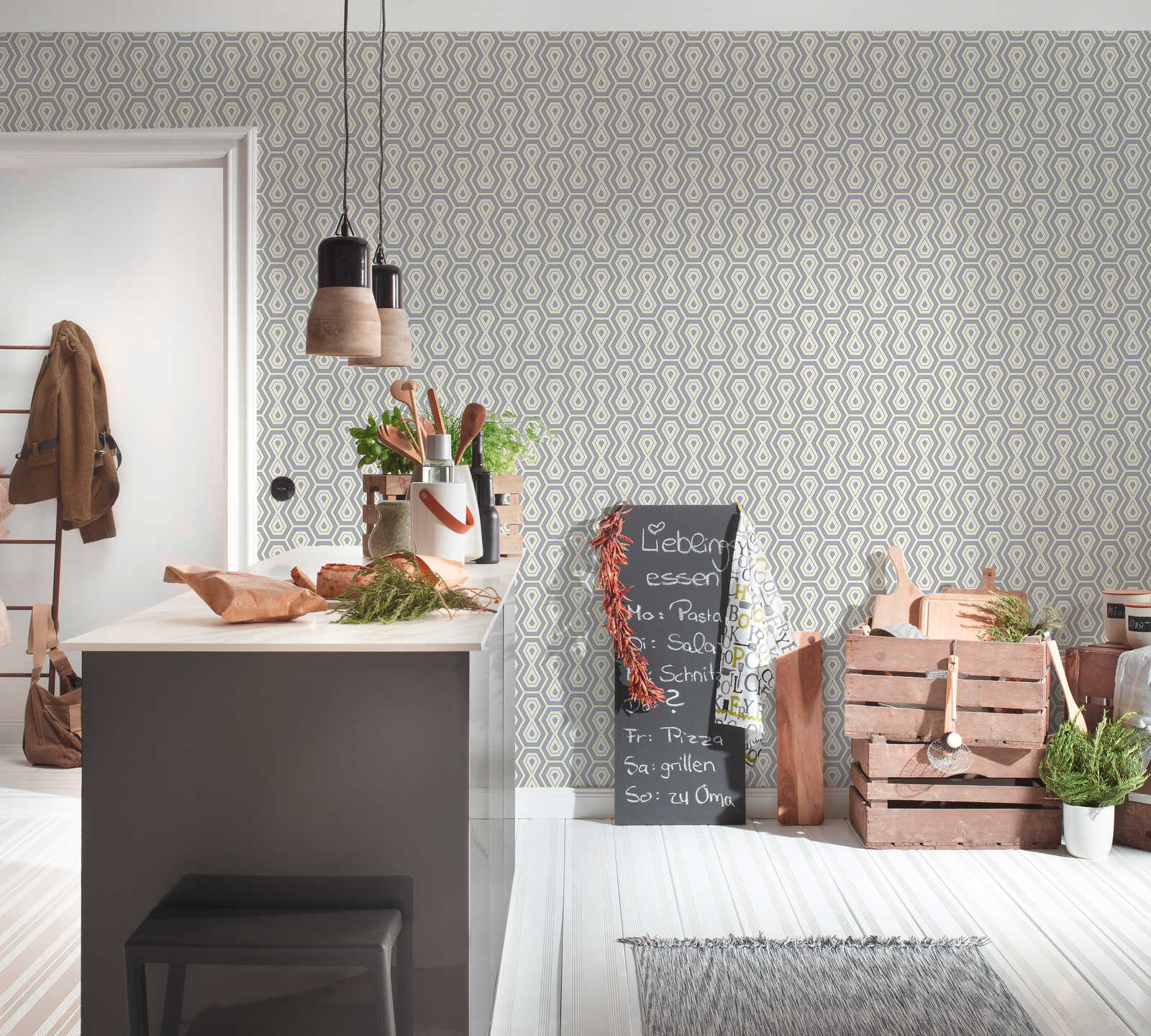 Vliestapete Grau Gold Muster im geometrischen Retro Design