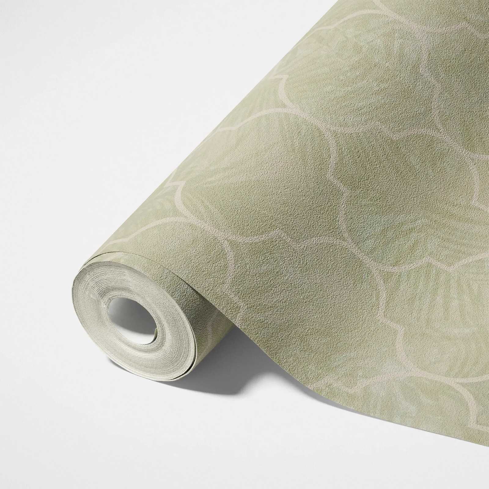             Florale Blätter Tapete mit Fliesen Ornament – Beige
        