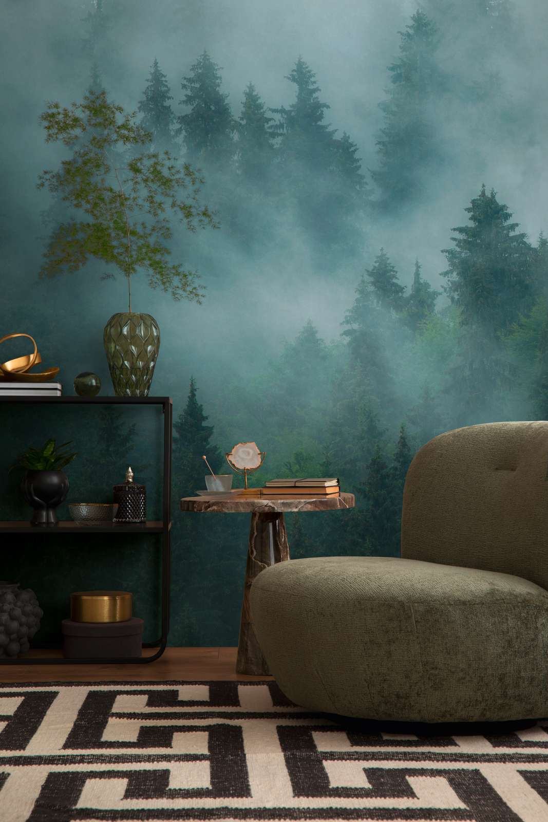             Fototapete mit mystischer Nebel-Waldlandschaft als Vliestapete – Grün, Blau, Petrol
        