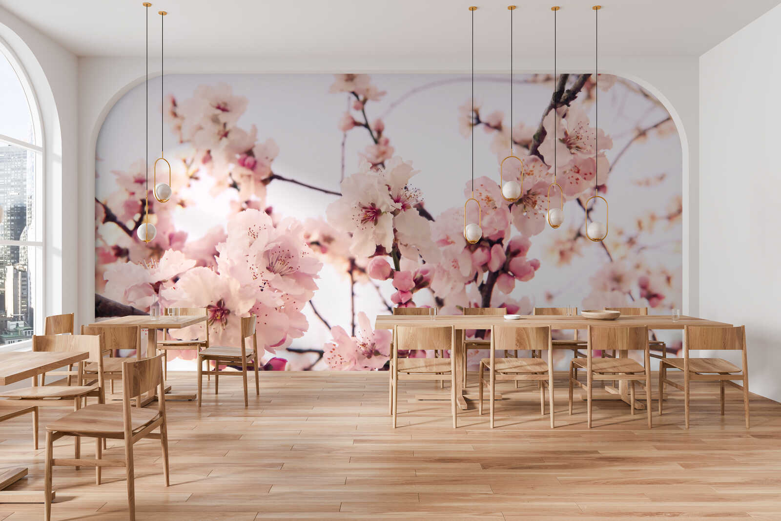 Blumen mural, Cherry blossoms, Halle/Restaurant, Pendelleuchten, Holzbänke