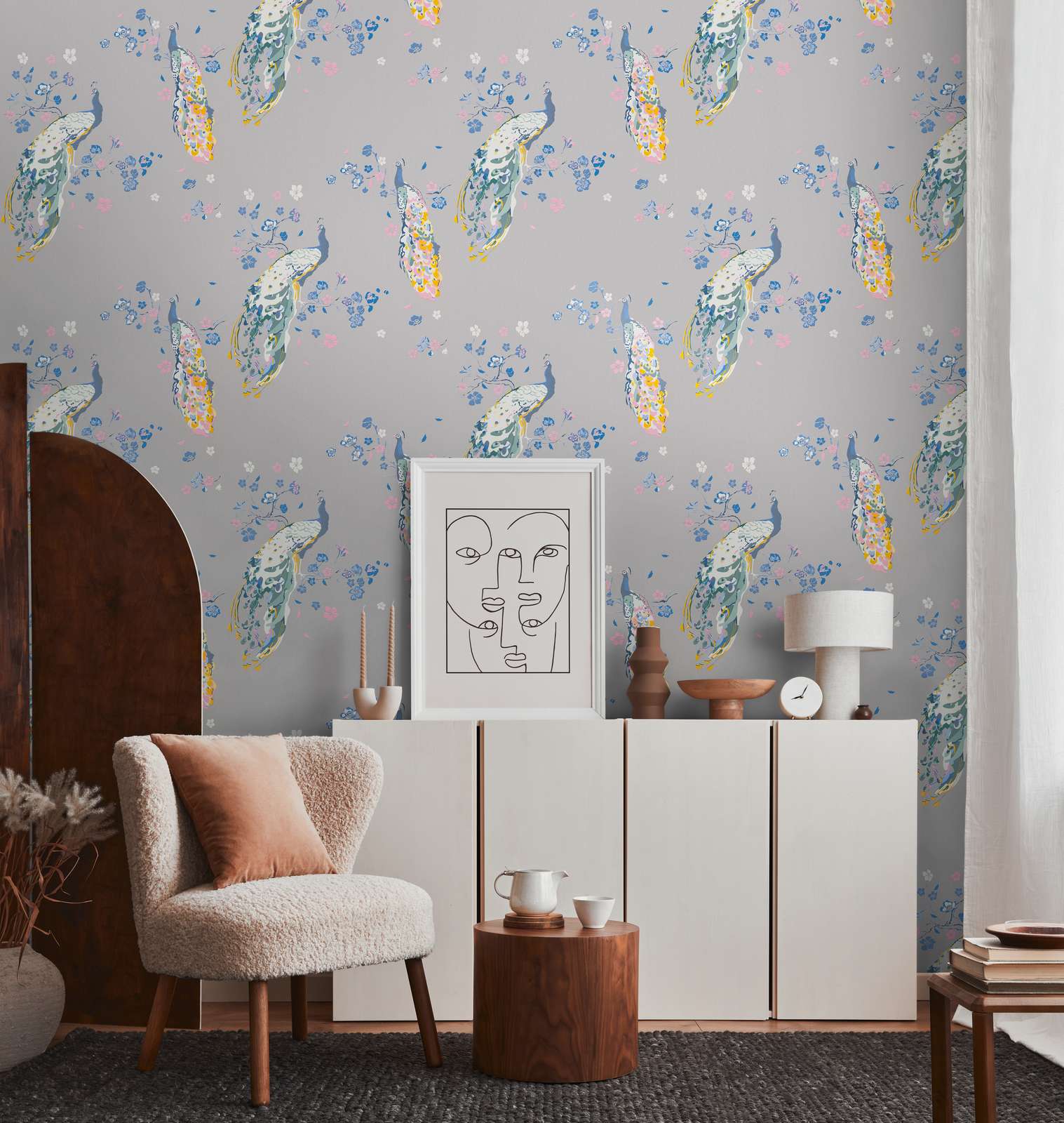             Vliestapete mit Pfau Muster und Glanzeffekt – Grau, Blau, Bunt
        