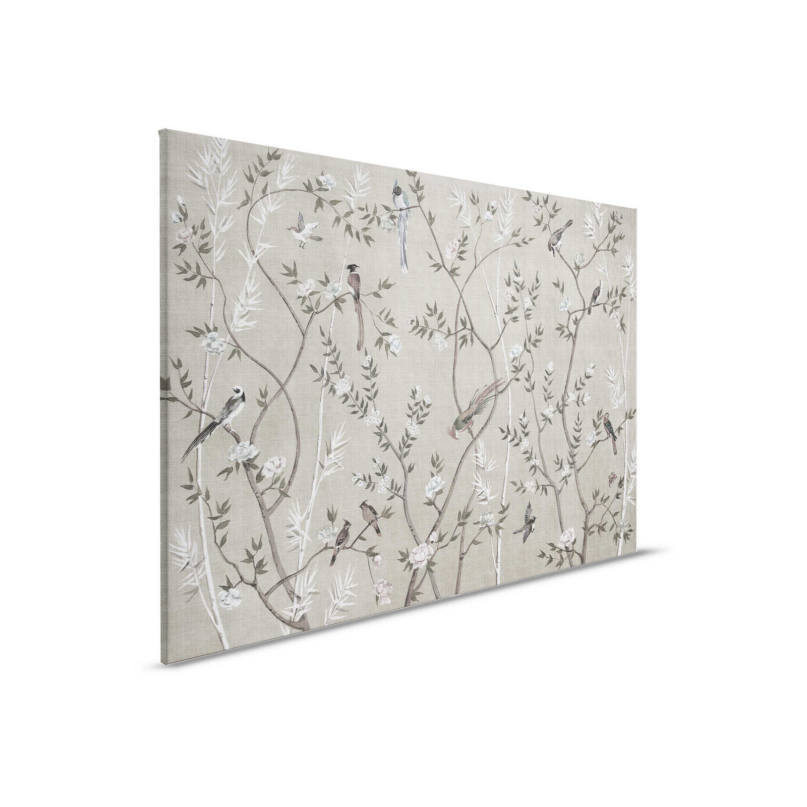         Tea Room 2 - Leinwandbild Vögel & Blüten Design in Greige – 0,90 m x 0,60 m
    