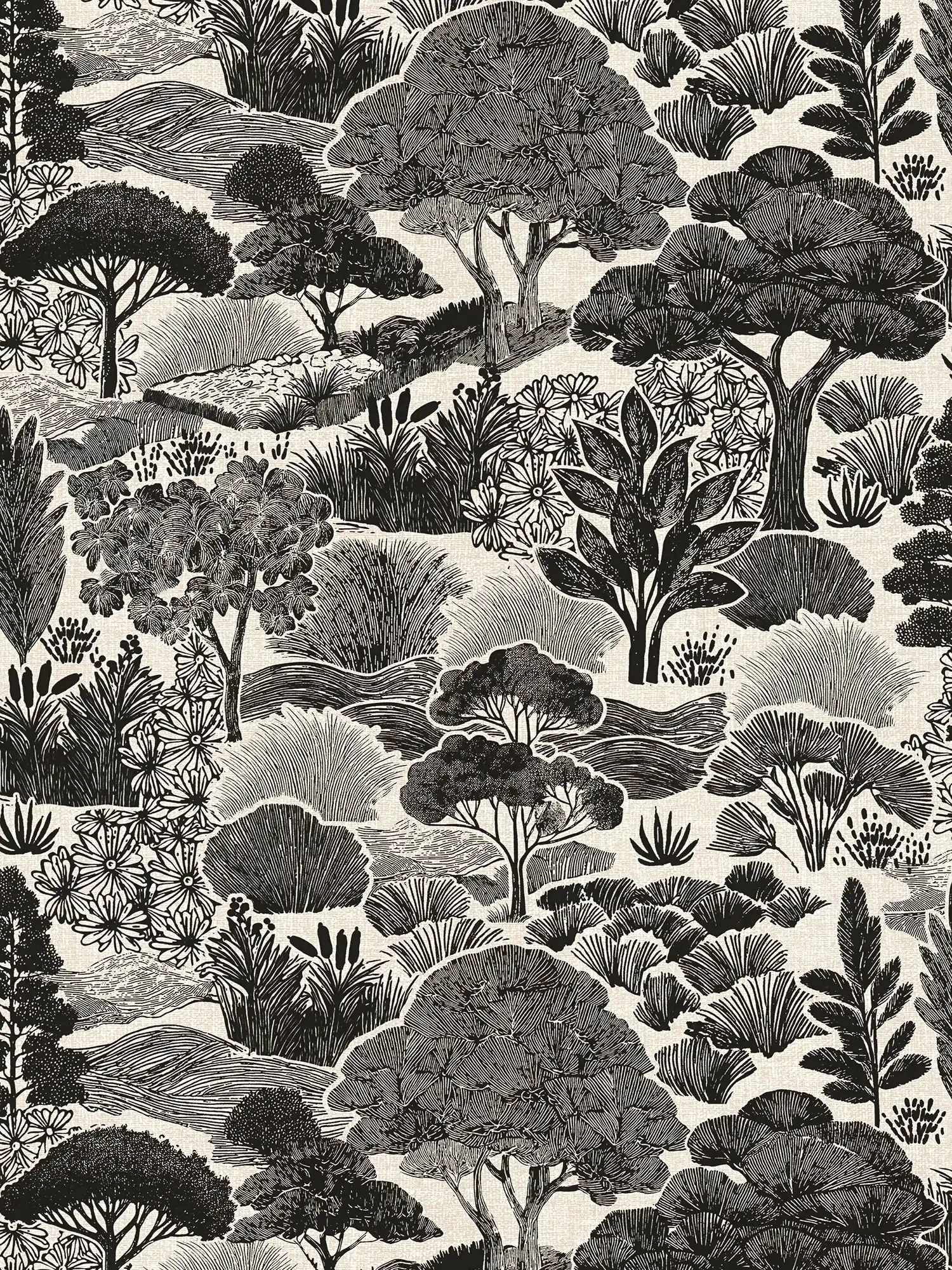         Illustratief Vliesbehang met bomenlandschap mat en licht gestructureerd - grijs, zwart, wit
    