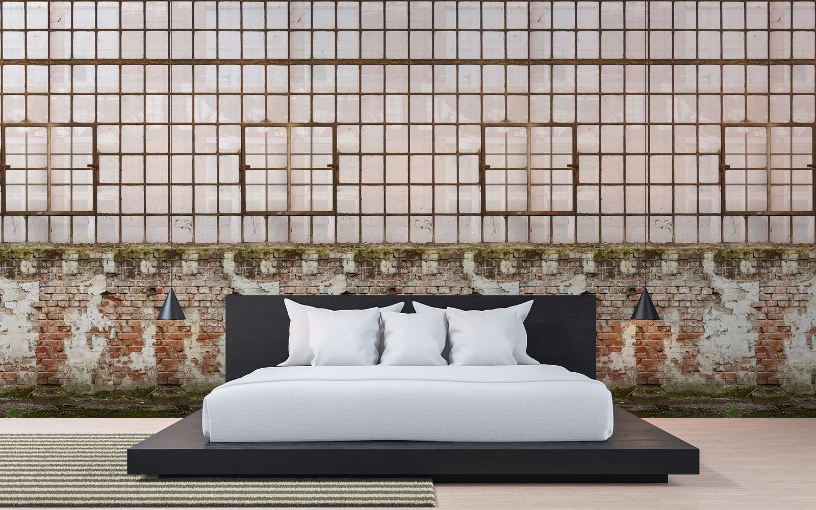             Vliestapete mit Ausschnitt von altem Fabrikgebäude – Creme, Braun, Grün
        