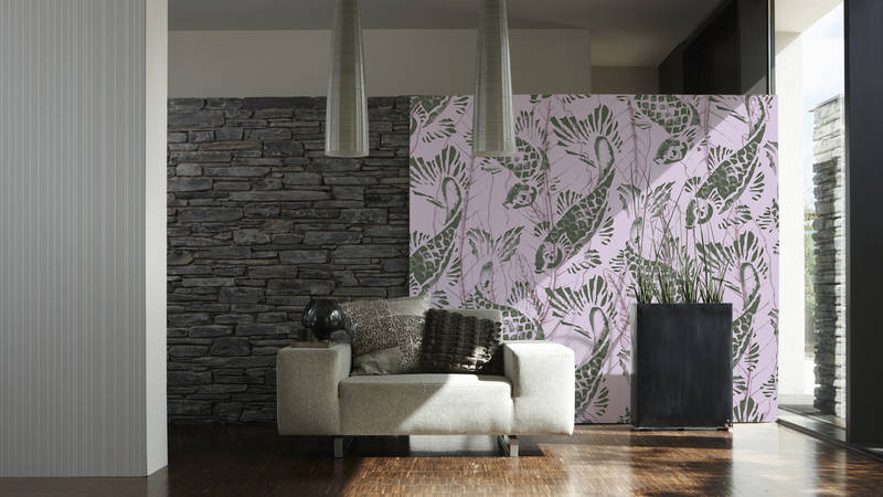 sofa, wohnzimmer, akzentwand, steinwand, pflanzentopf