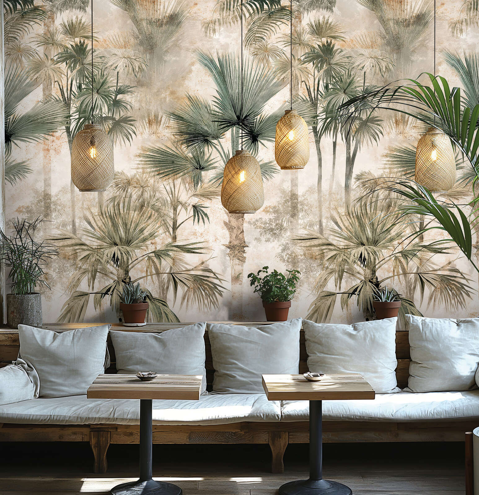 Wandtapete, tropische Pflanzen, hängende Lampen, Sofa-Sitzgruppe, Holz-Tische