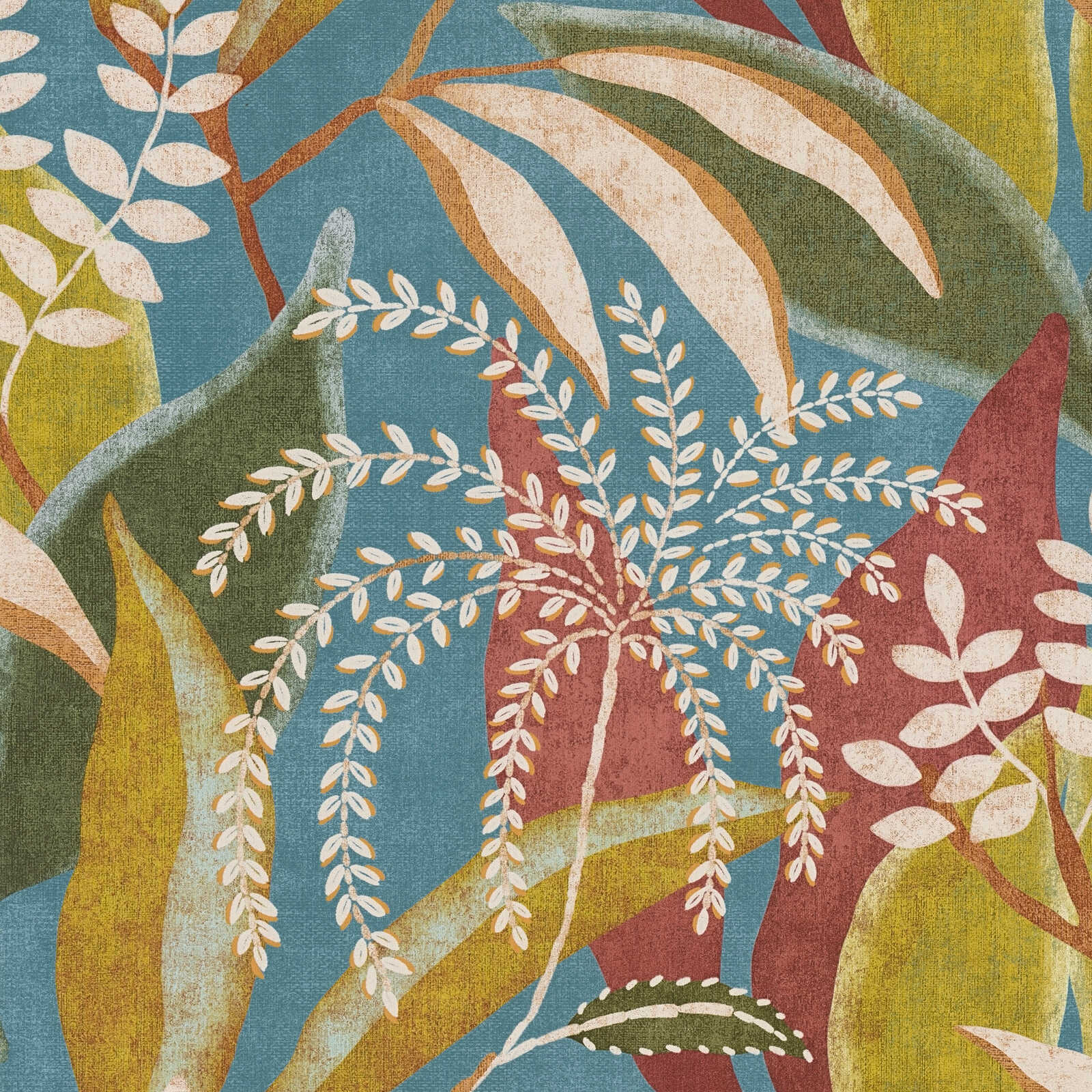 Vliestapete mit exotischem Pflanzenmotiv matt und fein strukturiert – Blau, Rot, Grün