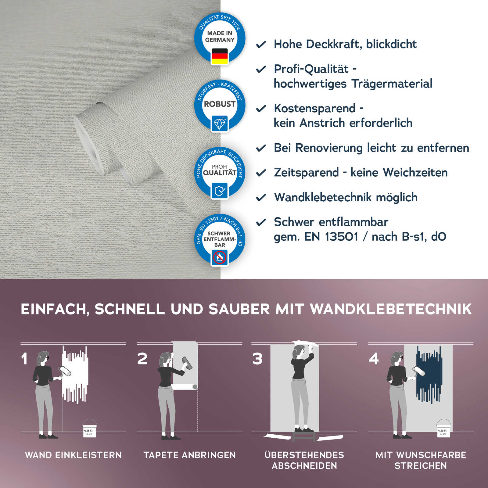 Wandtapete, Wandbekleidung, Wandklebe, Renovierungswerkzeug, Schwer entflammbar