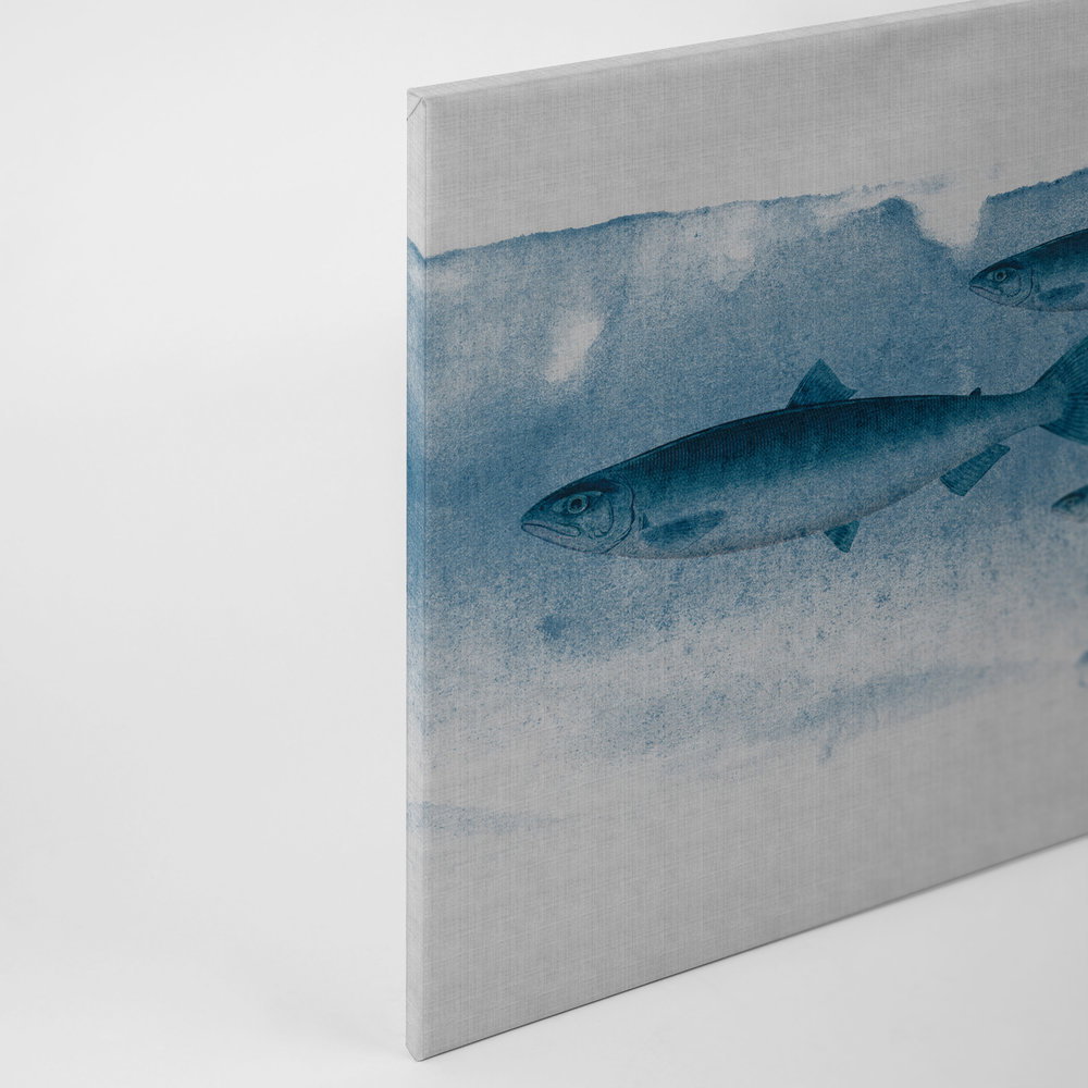 Into the blue 1 - Fisch Aquarell in Blau als Leinwandbild in naturleinen Struktur – 0,90 m x 0,60 m