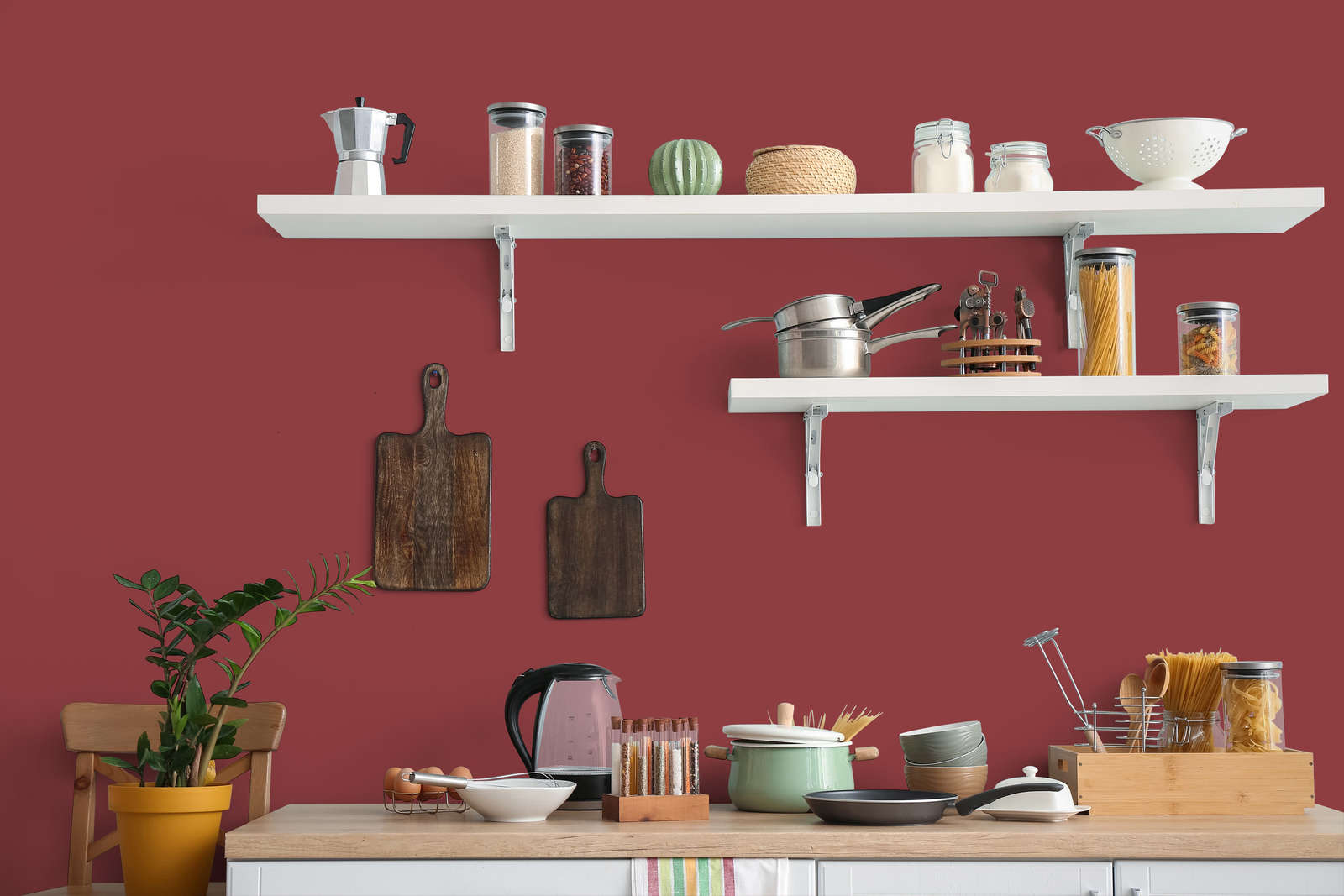 Kitchen shelf, Kochtopf, Spaghetti/Nudeln, Utensilien/Topfkinder, Pflanze
