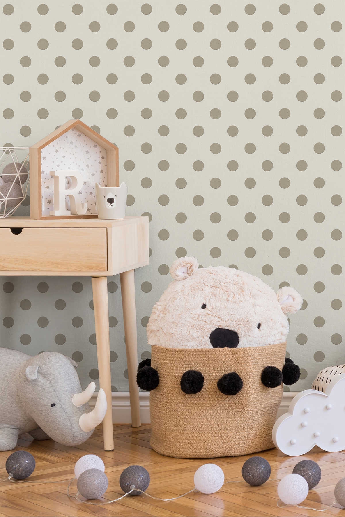             Vliestapete Punkte, Polka Dots Design für Kinderzimmer – Beige, Taupe
        