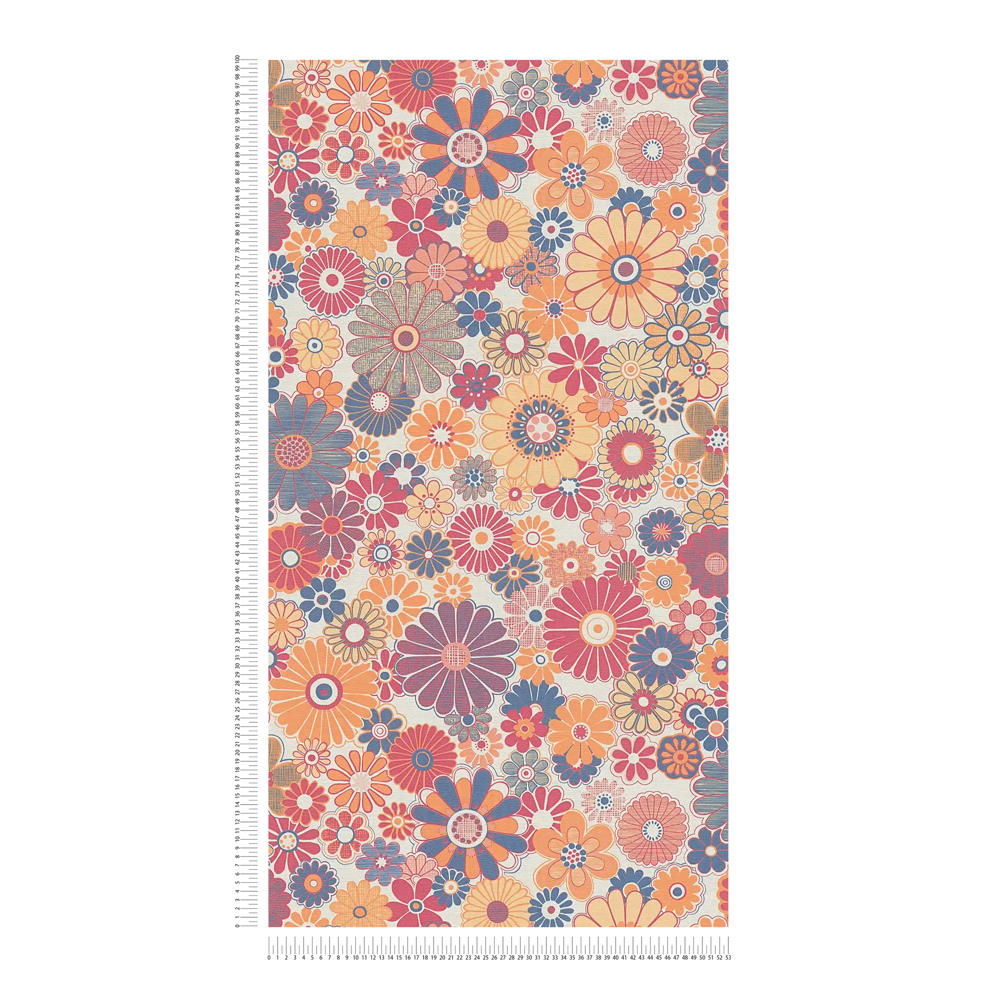 Retro Vliestapete mit floralem Muster – Rot, Blau, Orange