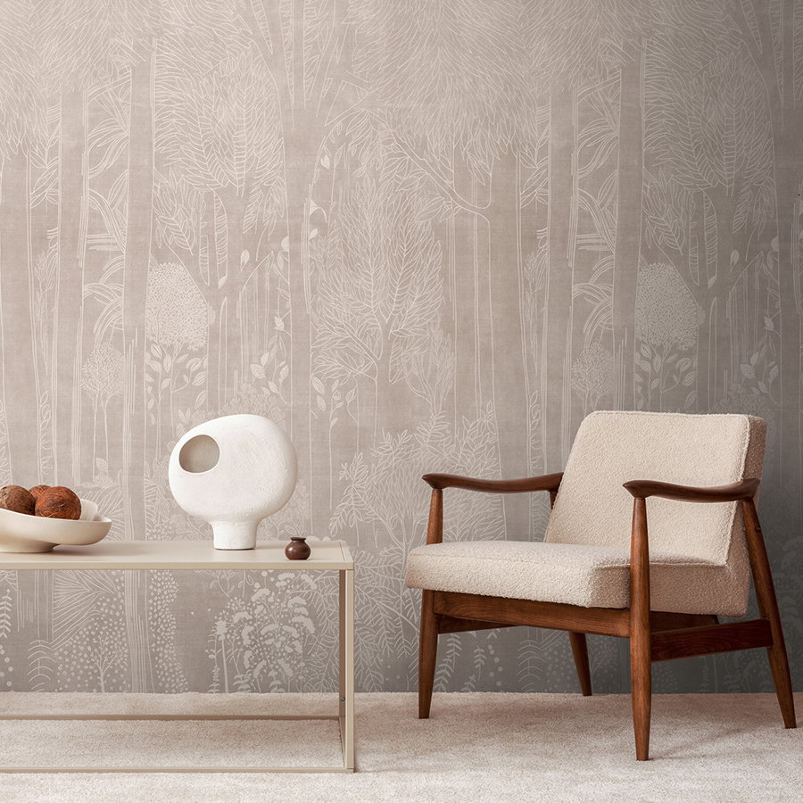 Wandtapete, Waldmuster, Neutralfarben, Sessel, Raumdekoration