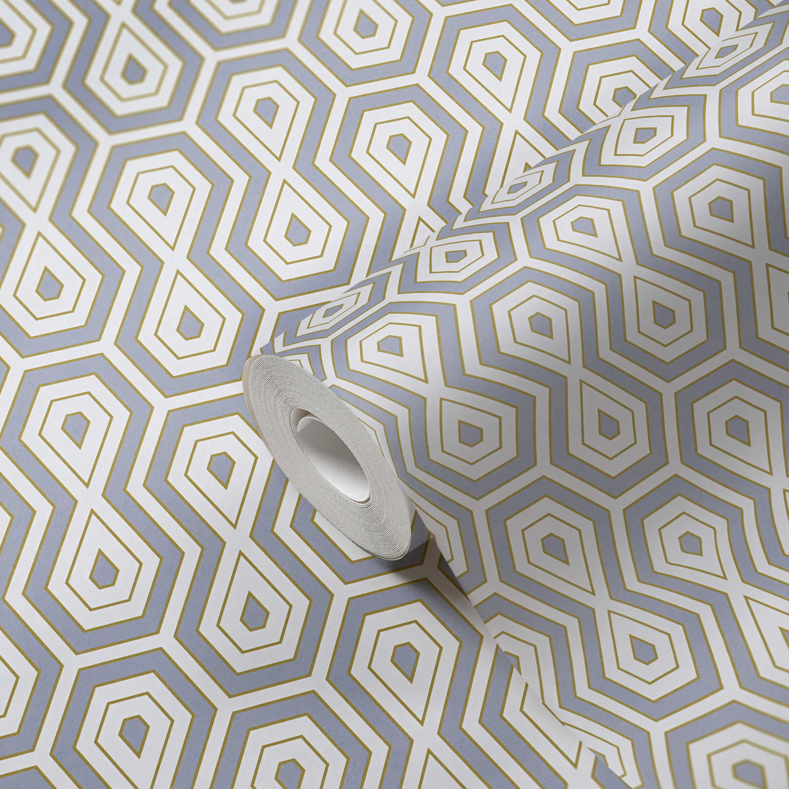 Vliestapete Grau Gold Muster im geometrischen Retro Design