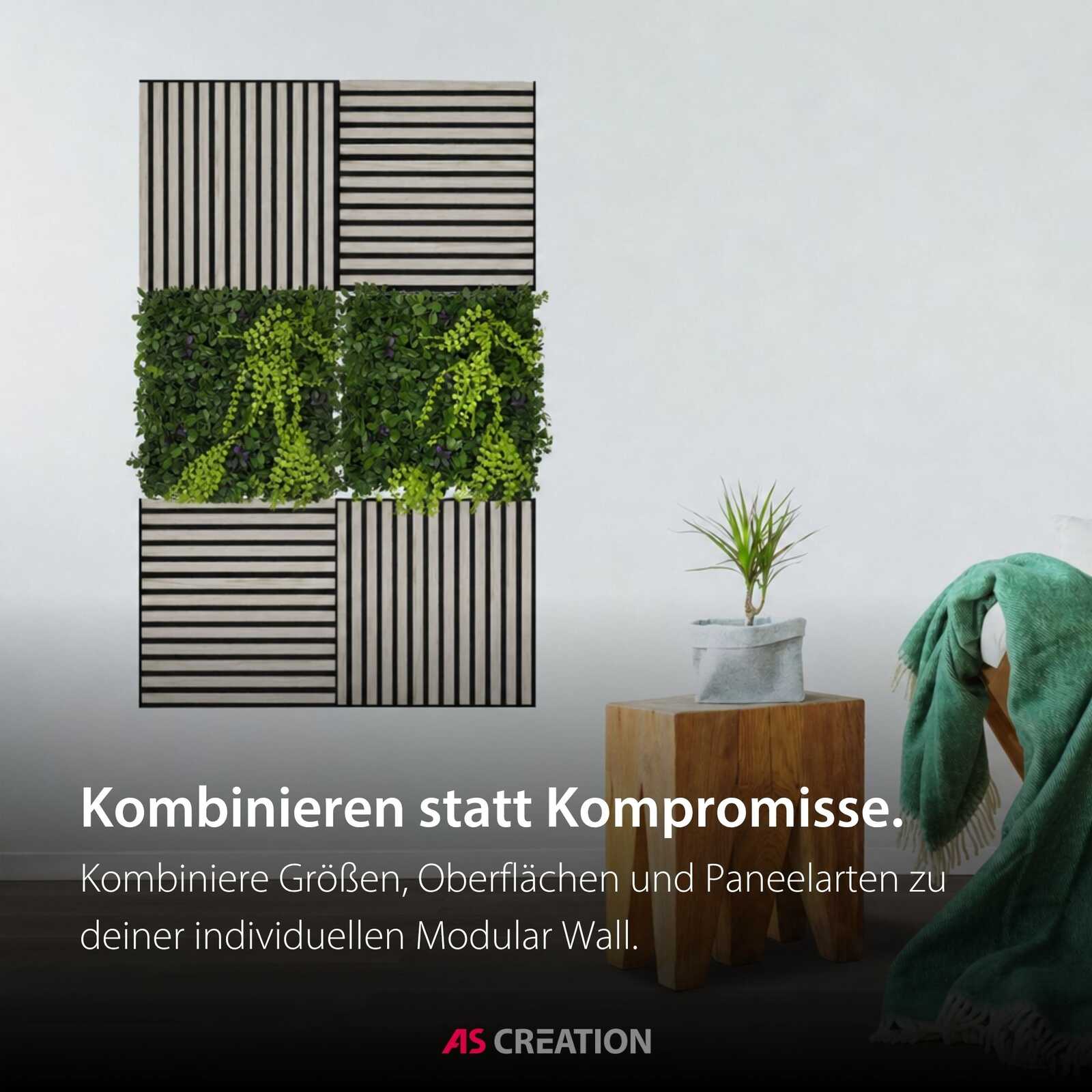 modulare wand, pflanzenwand, holzlatten, grünpflanzen, maßgefertigte wand