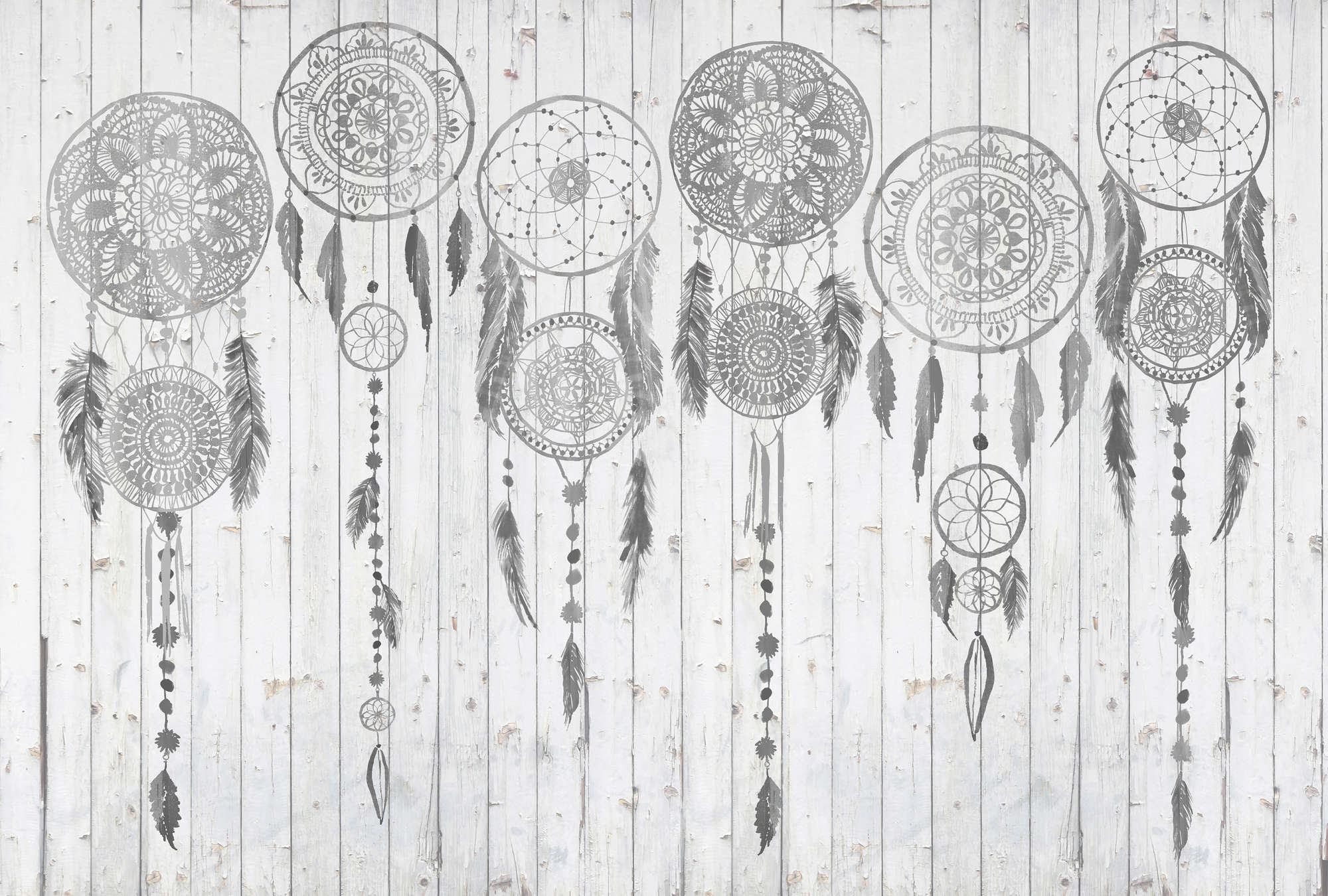             Fototapete helle Holzoptik, Bretterwand & Boho-Design – Grau, Weiß
        