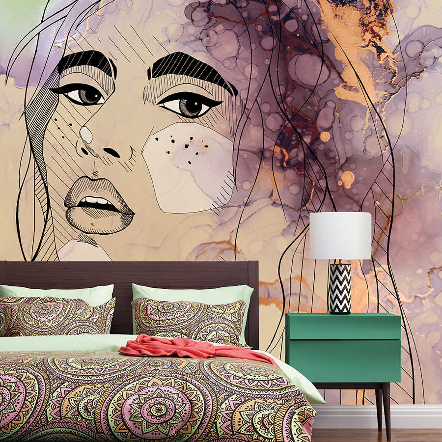 Wandtapete, Gesicht Illustration, abstrakte Kunst, Mandala Muster, Schlafzimmer Dekor