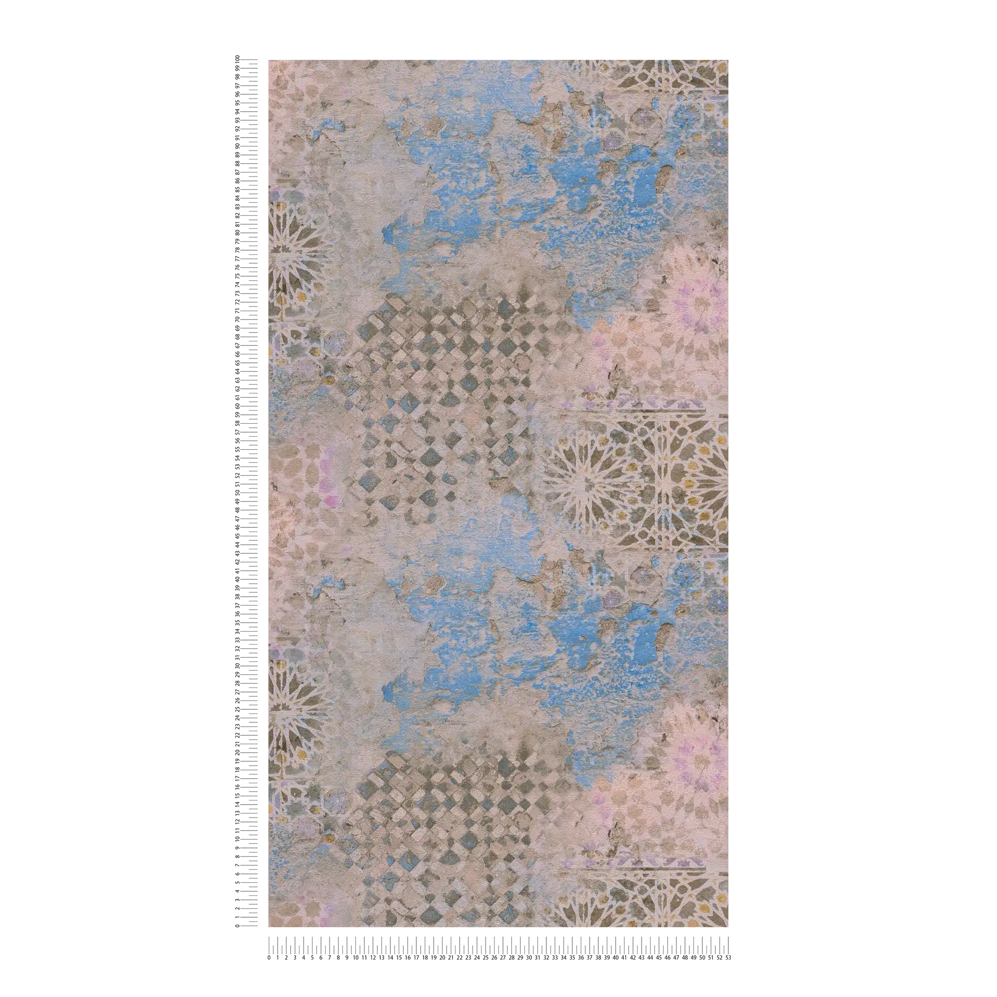             Bunte Mosaik Tapete mit rustikaler Wandoptik – Beige, Blau, Braun
        