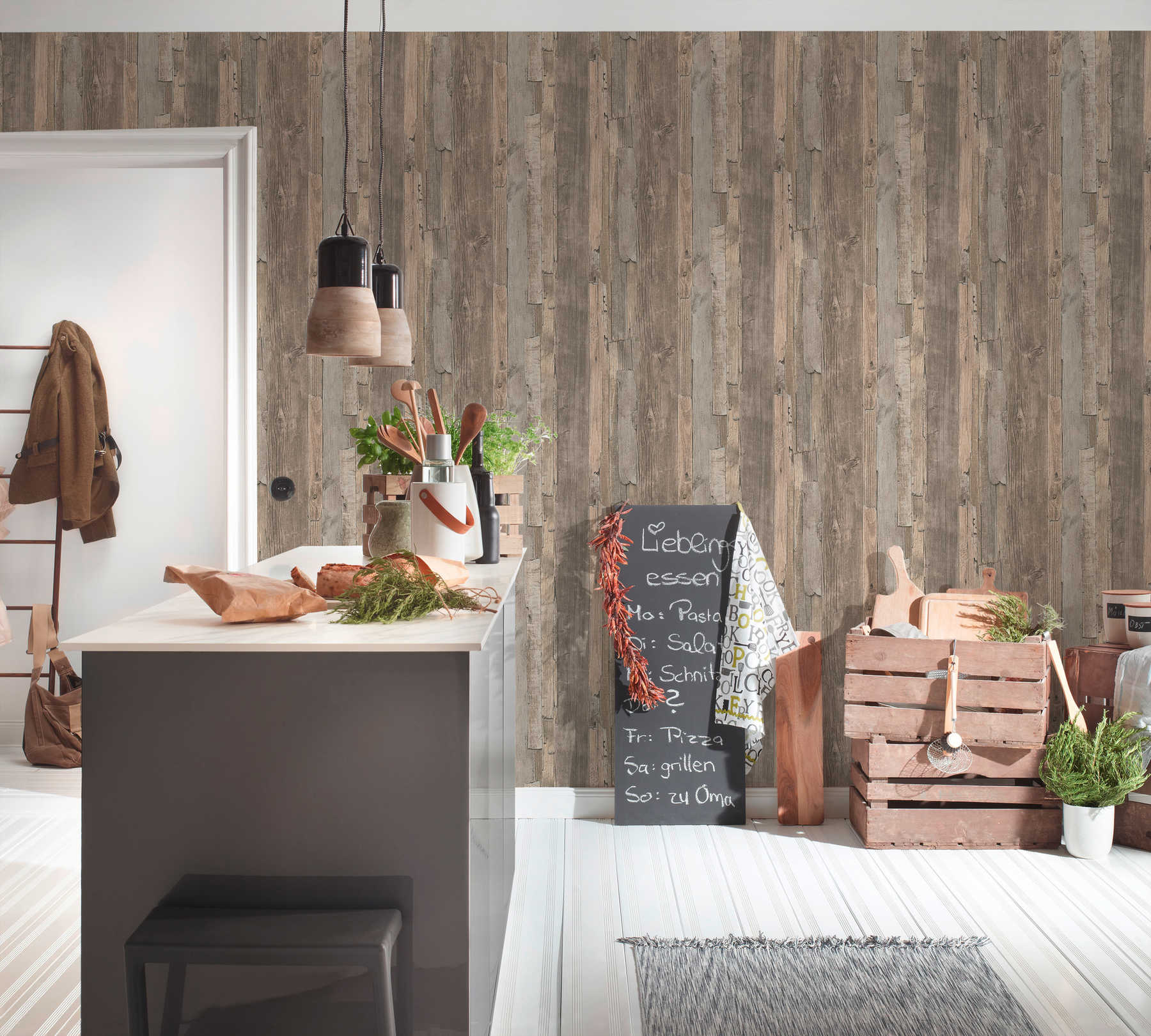             Tapete mit Brettermuster, Holz im Used Design – Beige, Braun
        