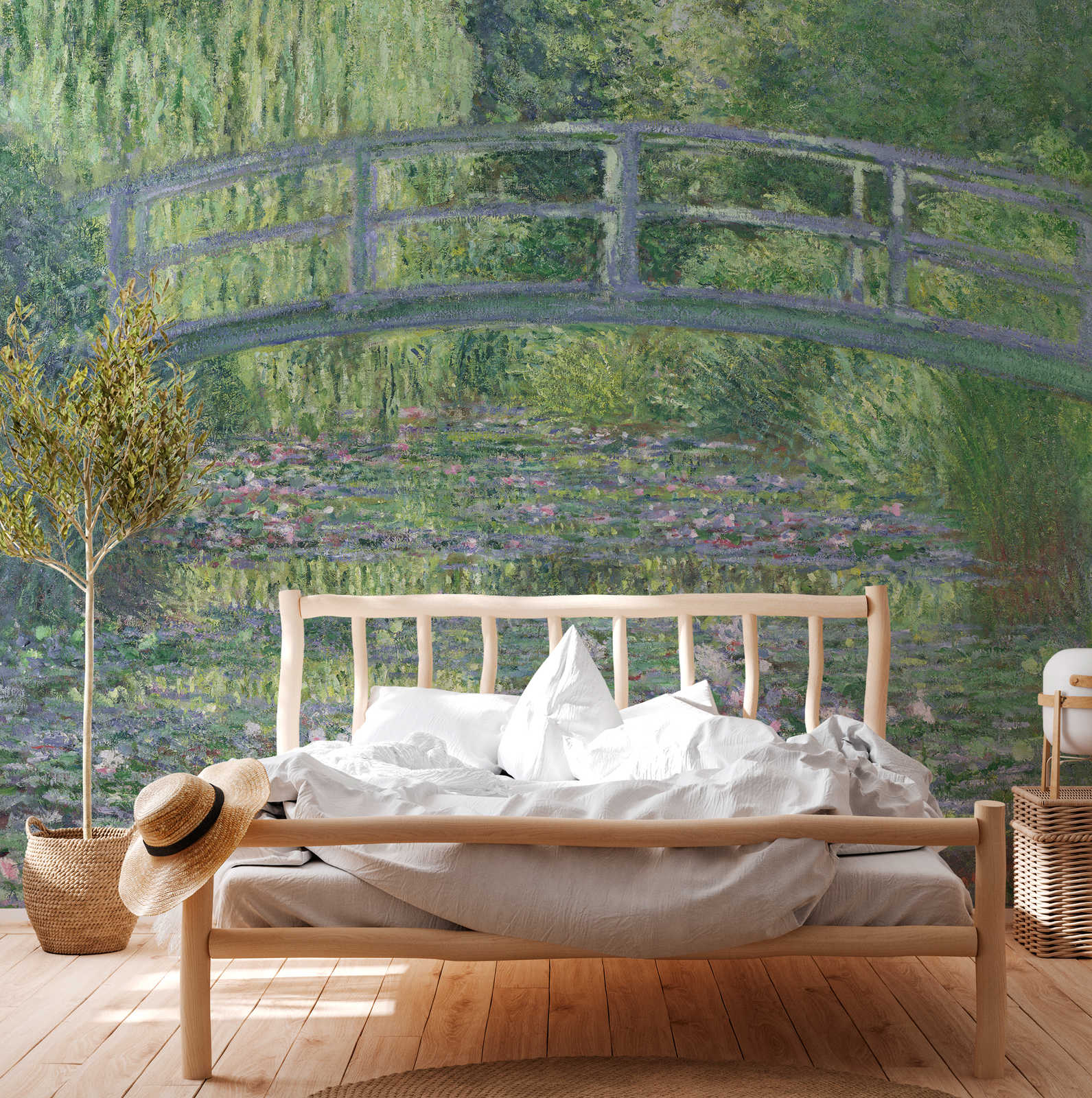 Bett, Holzbett, Kopfkissen, Bettwäsche, Wandtapete