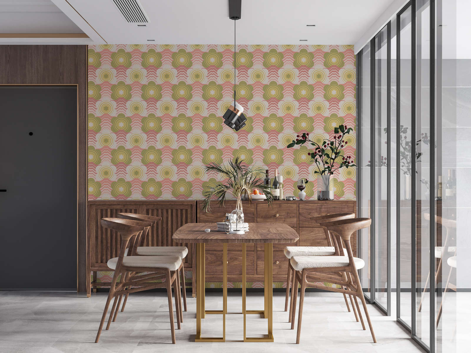             Wellen und Blumen Muster im Retro Stil auf leicht strukturierter Tapete – Rosa, Grün, Creme
        