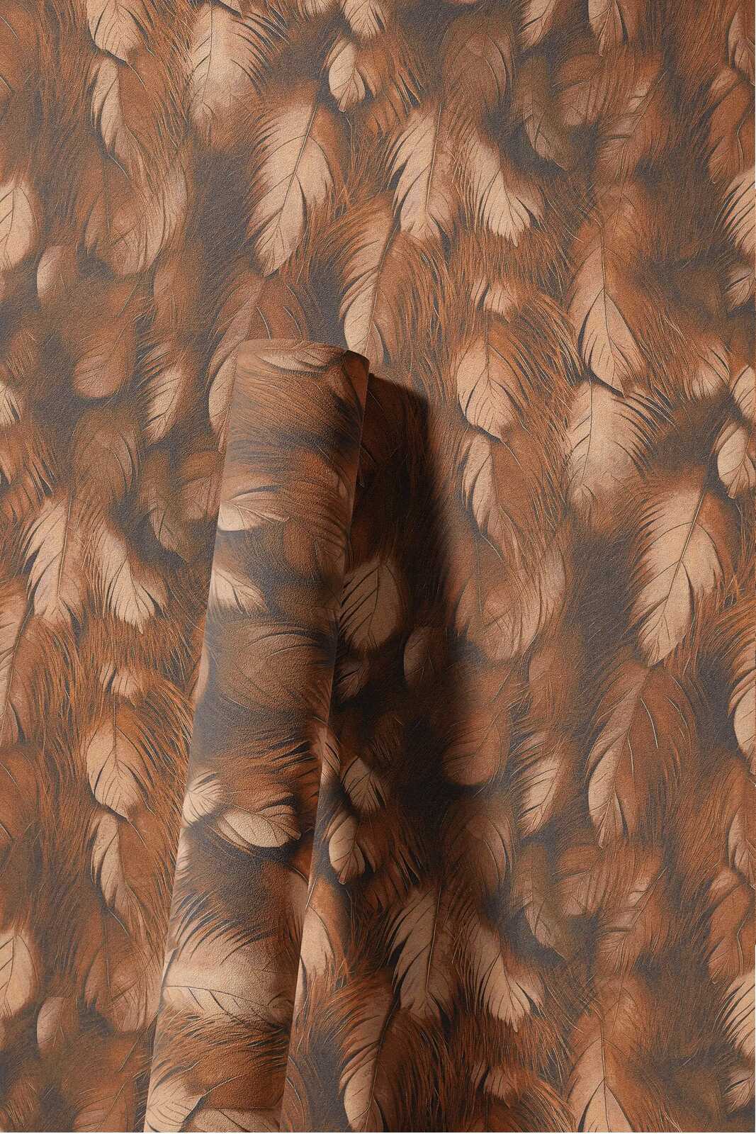             Luxuriöse Vliestapete mit elegantem Feder-Motiv im 3D Look – Kupfer, Orange
        