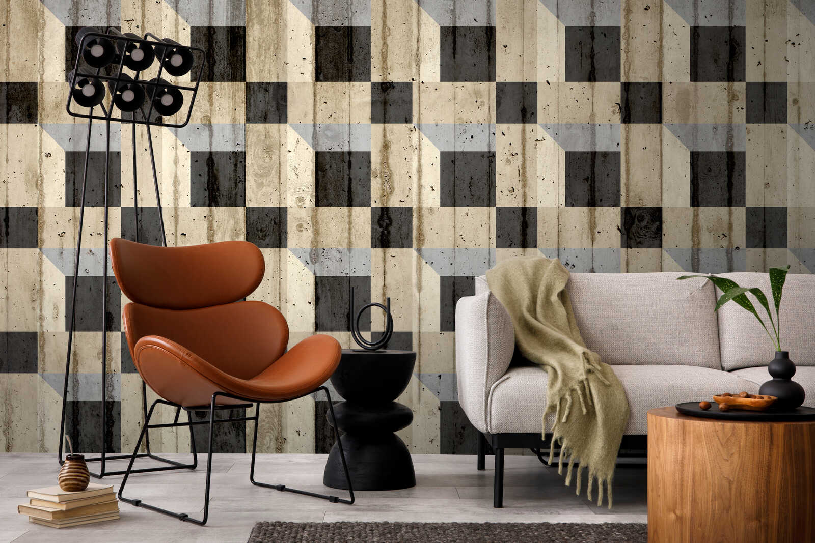 Lederstuhl, orangefarbener Stuhl, Stehlampe, gemustertes Wandmotiv, Sofa