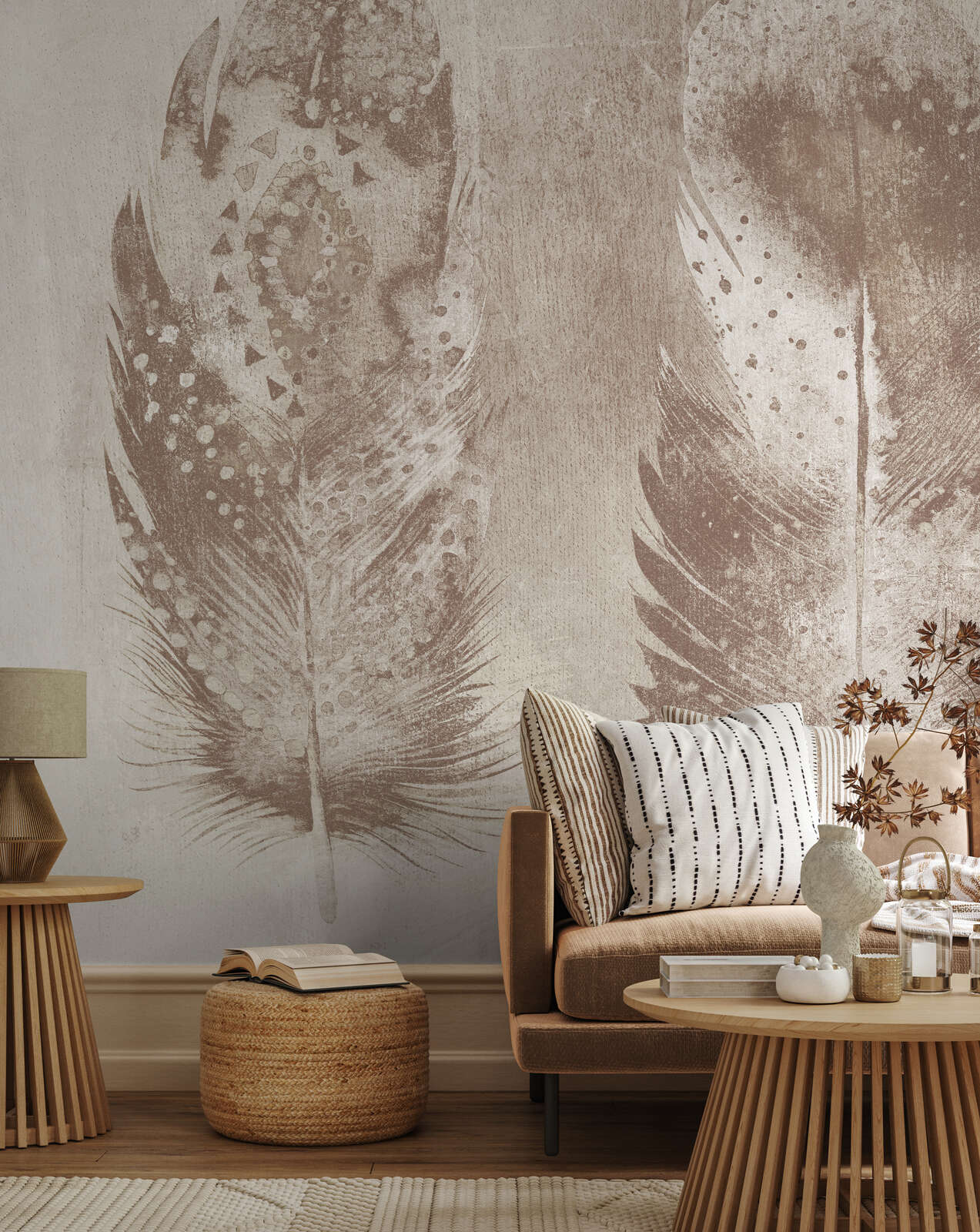 Fototapete Feder Design, Bohemian Style & Sepia – Beige, Weiß, Grau – Premium Glattvlies