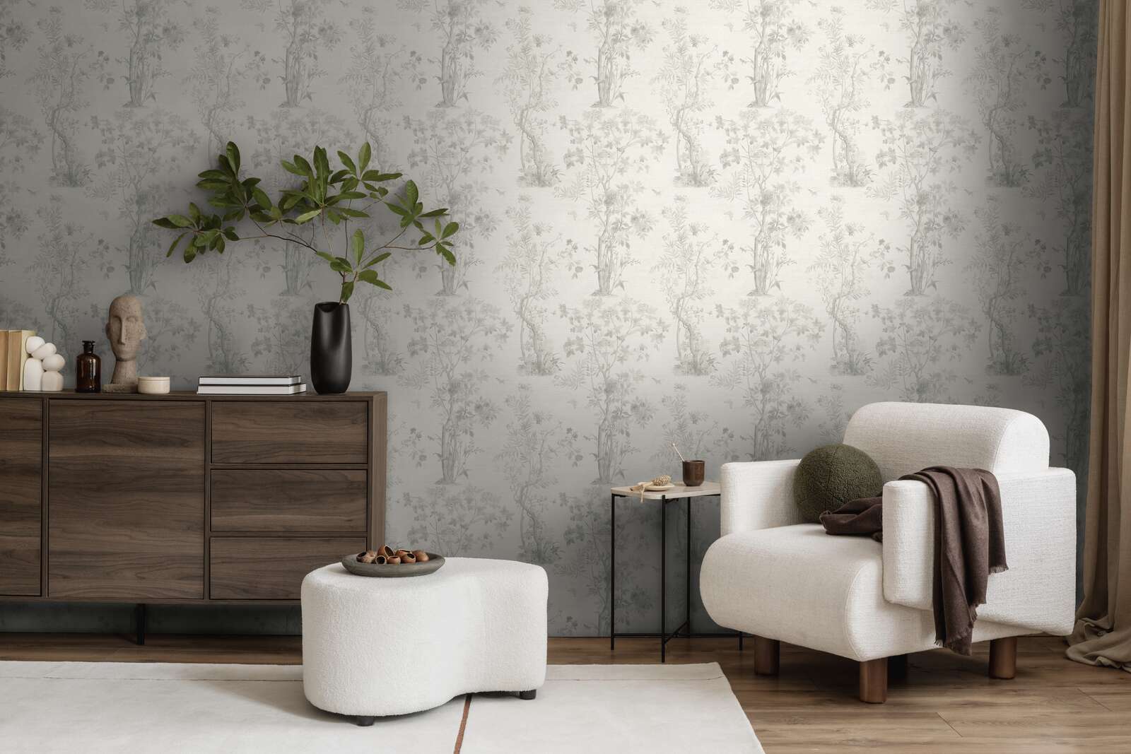 sofa, armchair,  wallpaper, plants, console